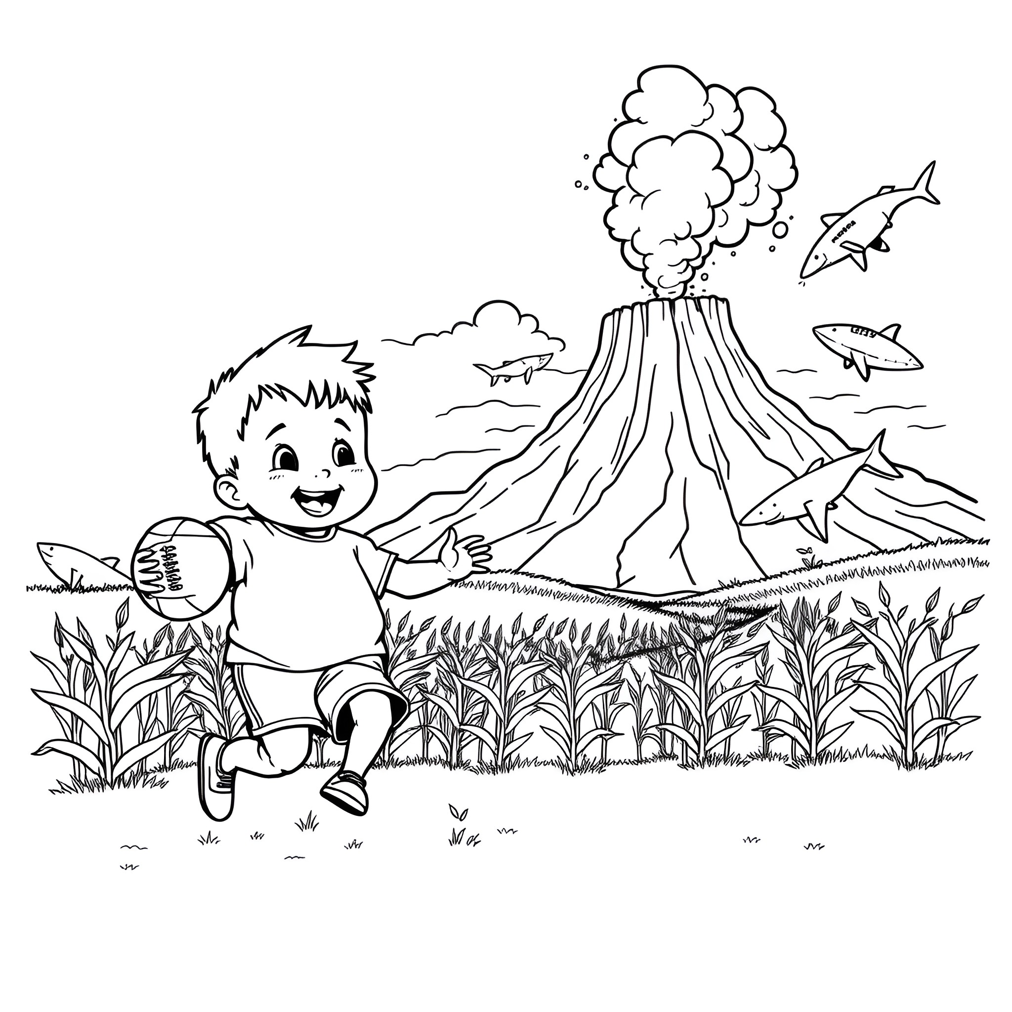 Boy exploring the volcanic landscape with sharks Coloring Page (free black-and-white line drawing printable PDF for all, from beginners to advanced learners, including children, teens, adults, and seniors)