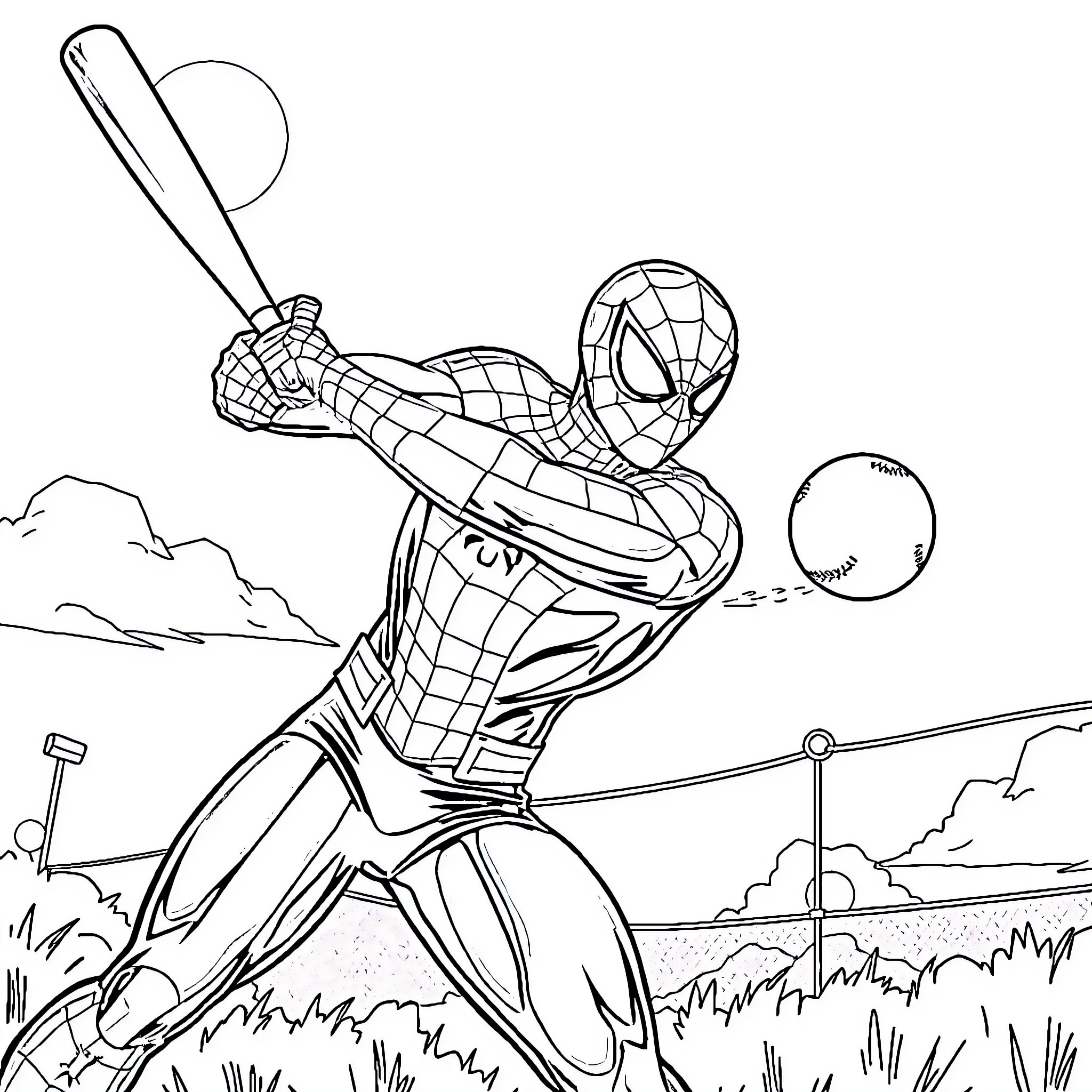 Spiderman swinging through the city with his web Coloring Page (free black-and-white line drawing printable PDF for all, from beginners to advanced learners, including children, teens, adults, and seniors)