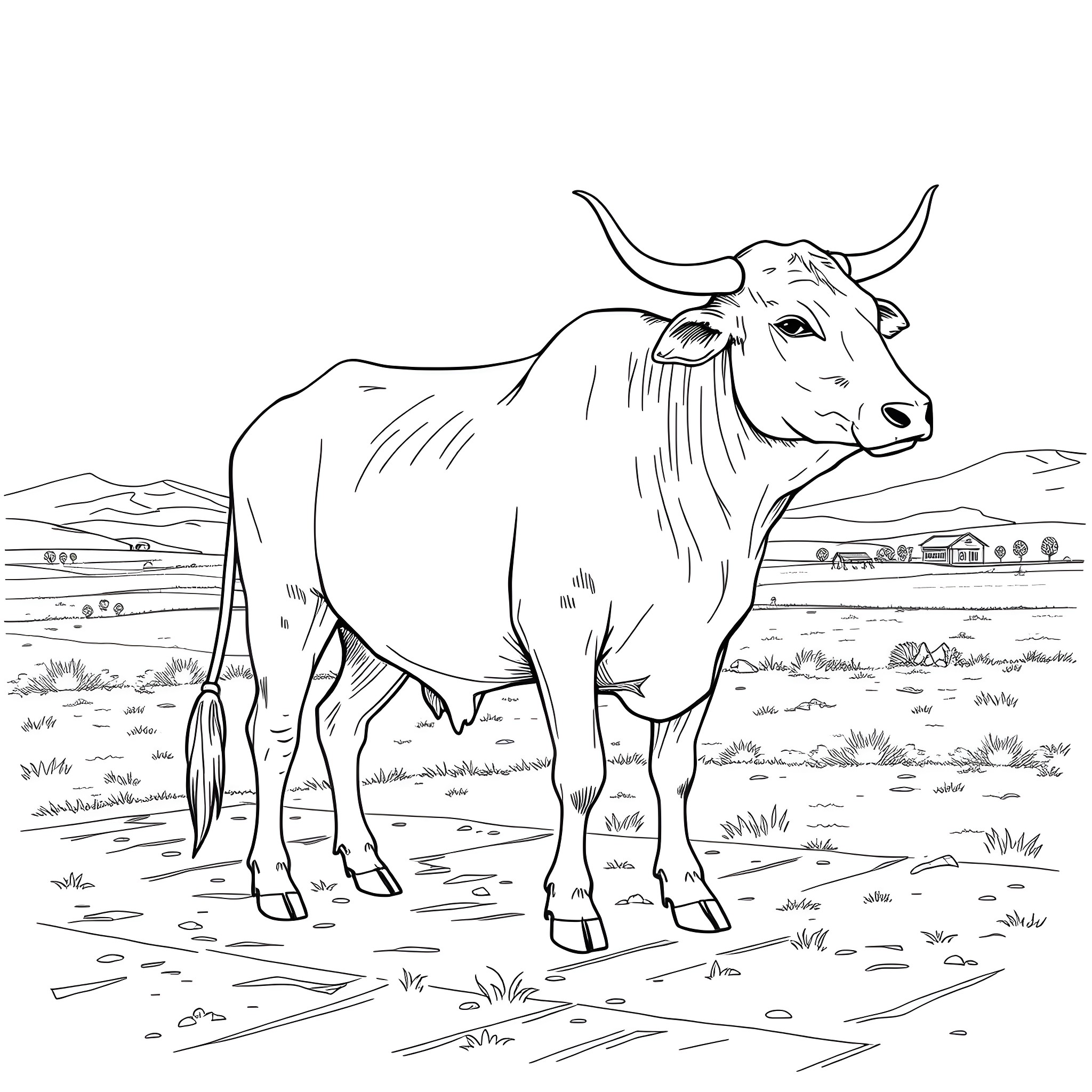 Ox Standing in a Pastoral Scene Coloring Page (free black-and-white line drawing printable PDF for all, from beginners to advanced learners, including children, teens, adults, and seniors)