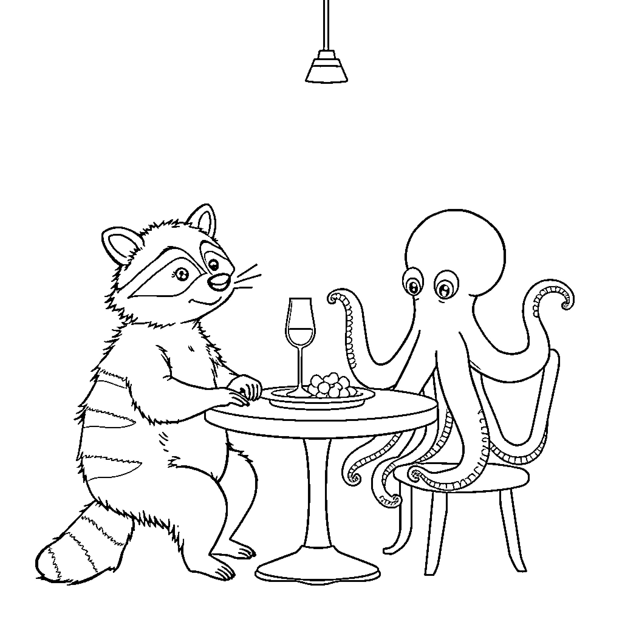 Raccoon and Octopus Enjoying a Dinner Together Coloring Page (free black-and-white line drawing printable PDF for all, from beginners to advanced learners, including children, teens, adults, and seniors)