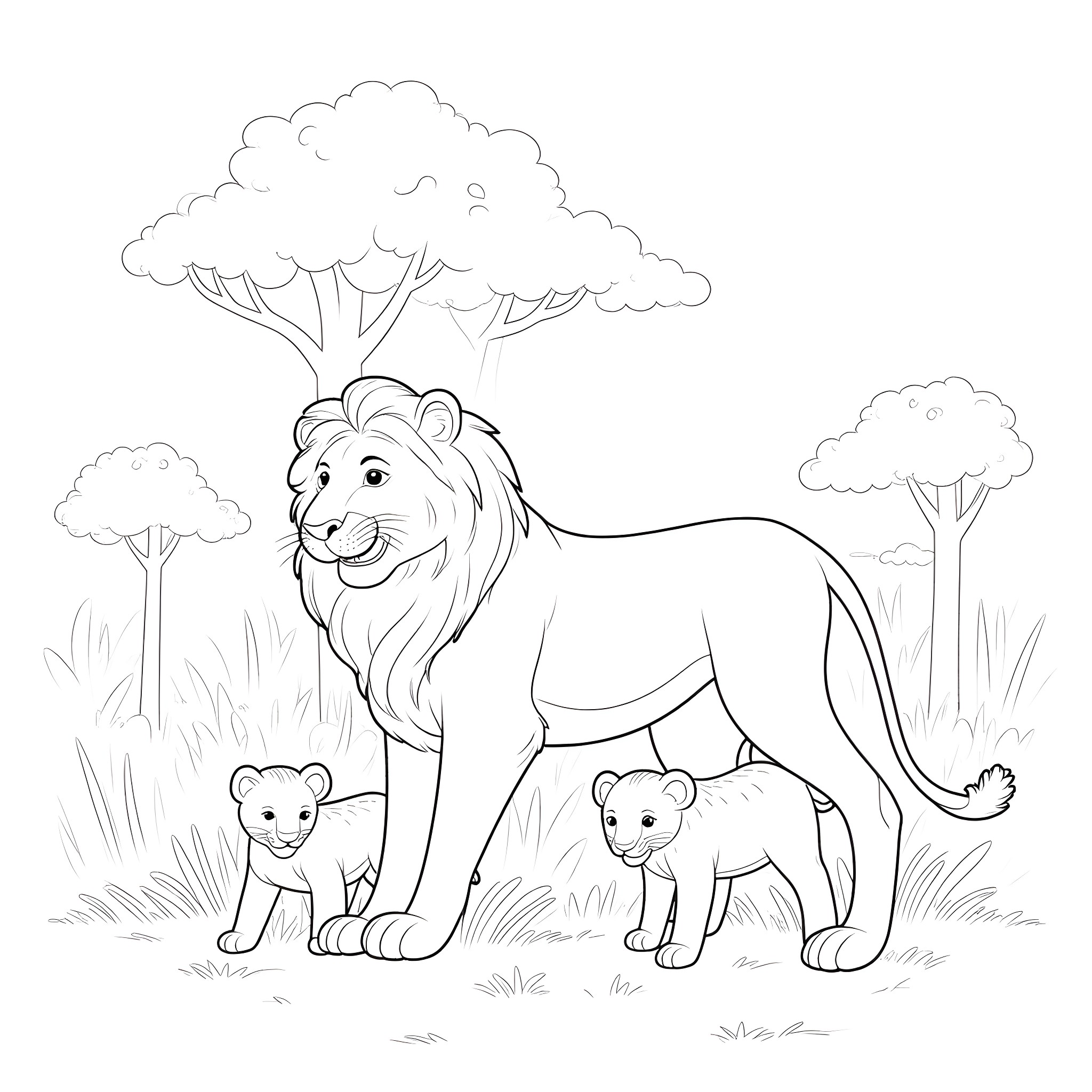 Lion and cubs in the wilderness Coloring Page (free black-and-white line drawing printable PDF for all, from beginners to advanced learners, including children, teens, adults, and seniors)