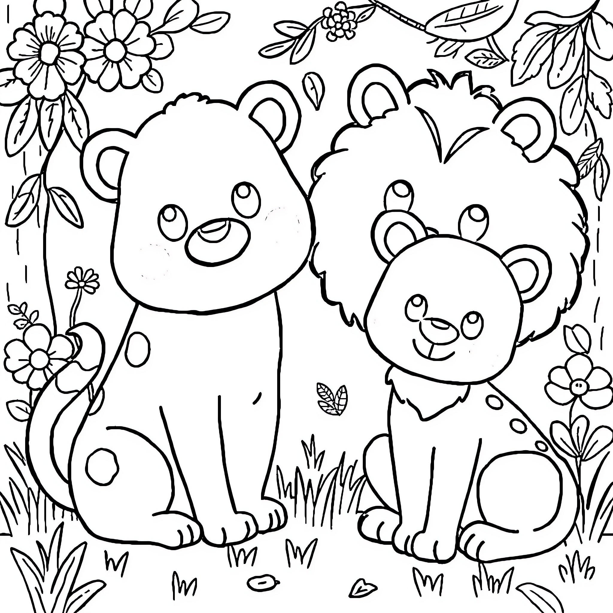 Animal friends in a floral garden Coloring Page (free black-and-white line drawing printable PDF for all, from beginners to advanced learners, including children, teens, adults, and seniors)