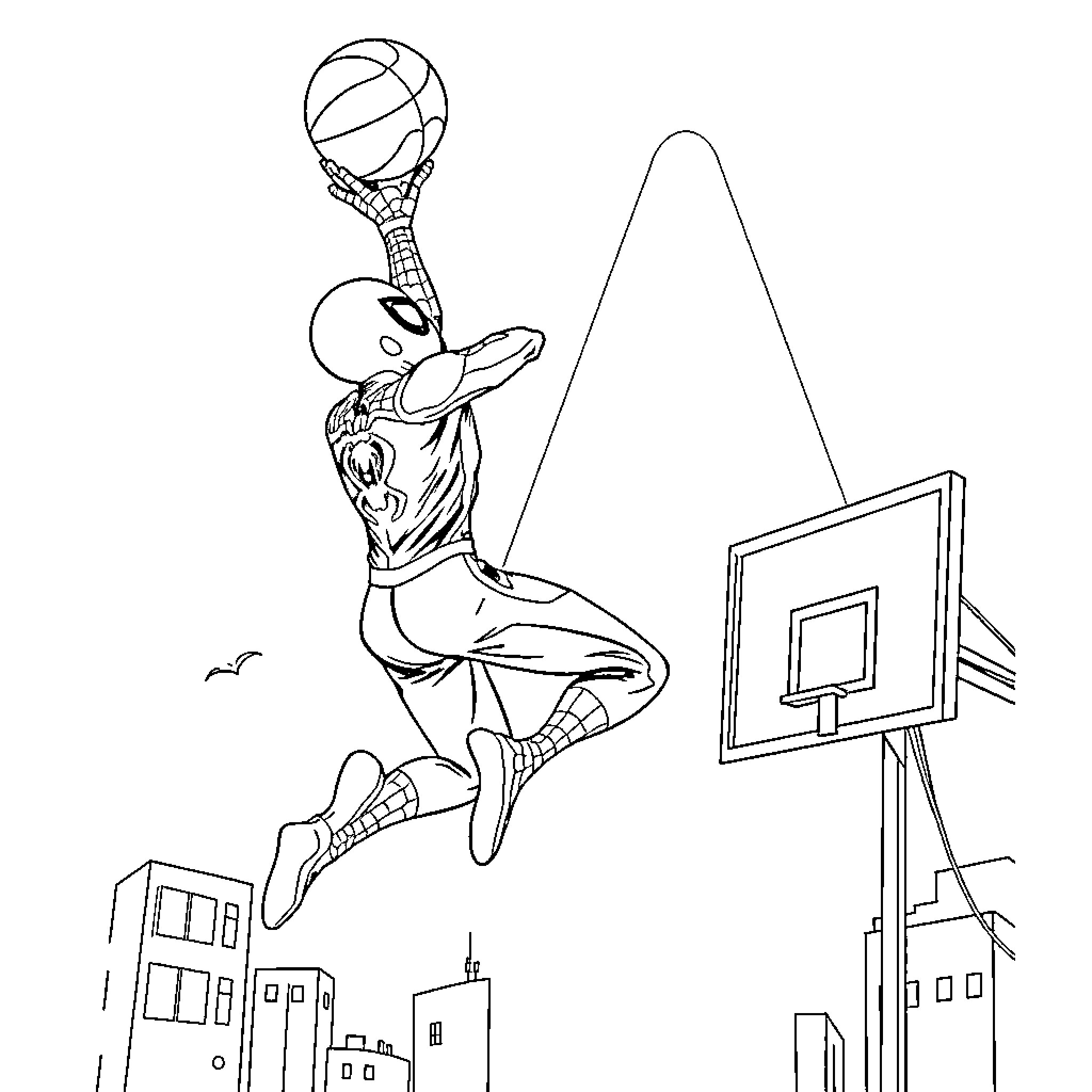Spiderman Dunking Basketball on Cityscape Court Coloring Page (free black-and-white line drawing printable PDF for all, from beginners to advanced learners, including children, teens, adults, and seniors)