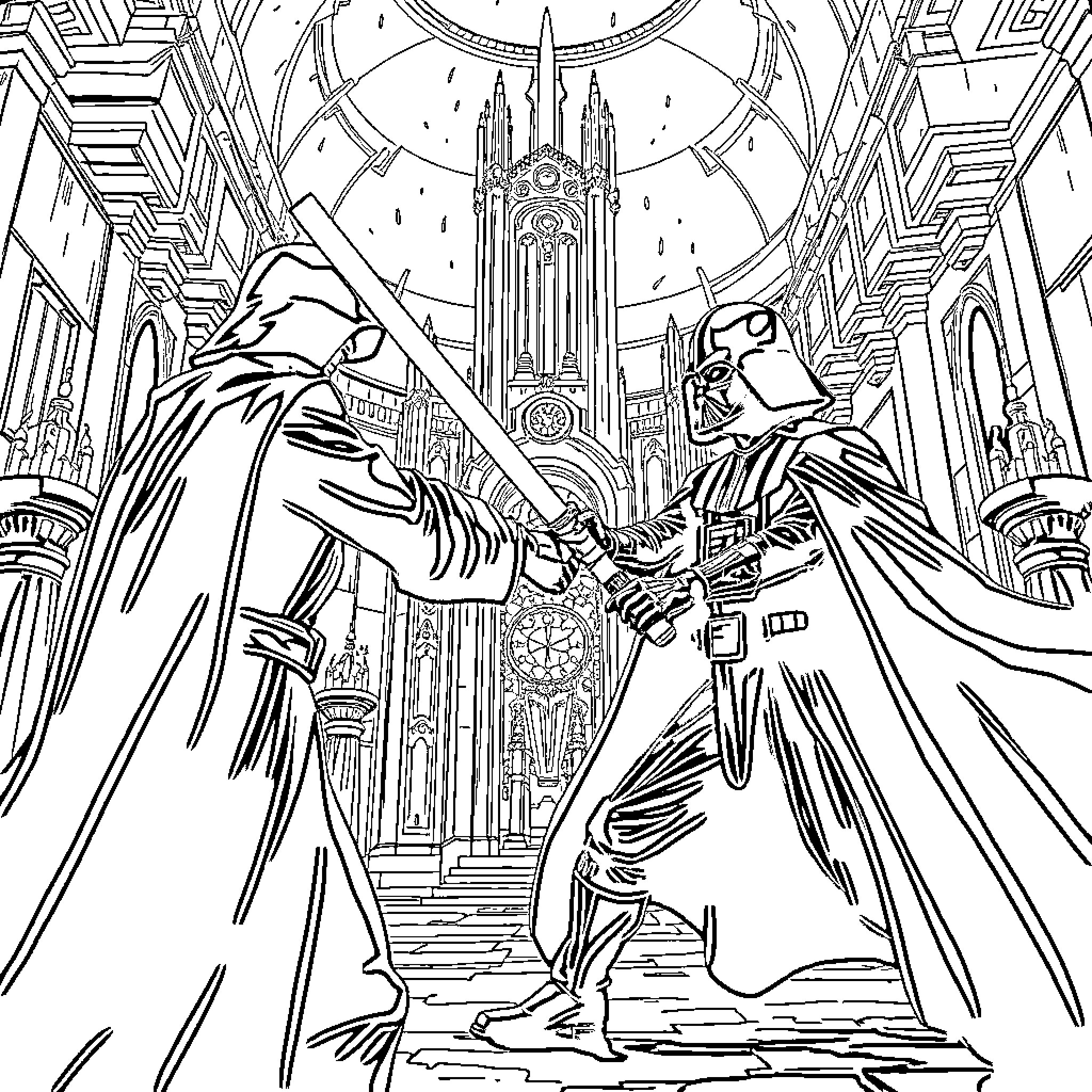 Anakin's Epic Battle in the Futuristic Cathedral Coloring Page (free black-and-white line drawing printable PDF for all, from beginners to advanced learners, including children, teens, adults, and seniors)