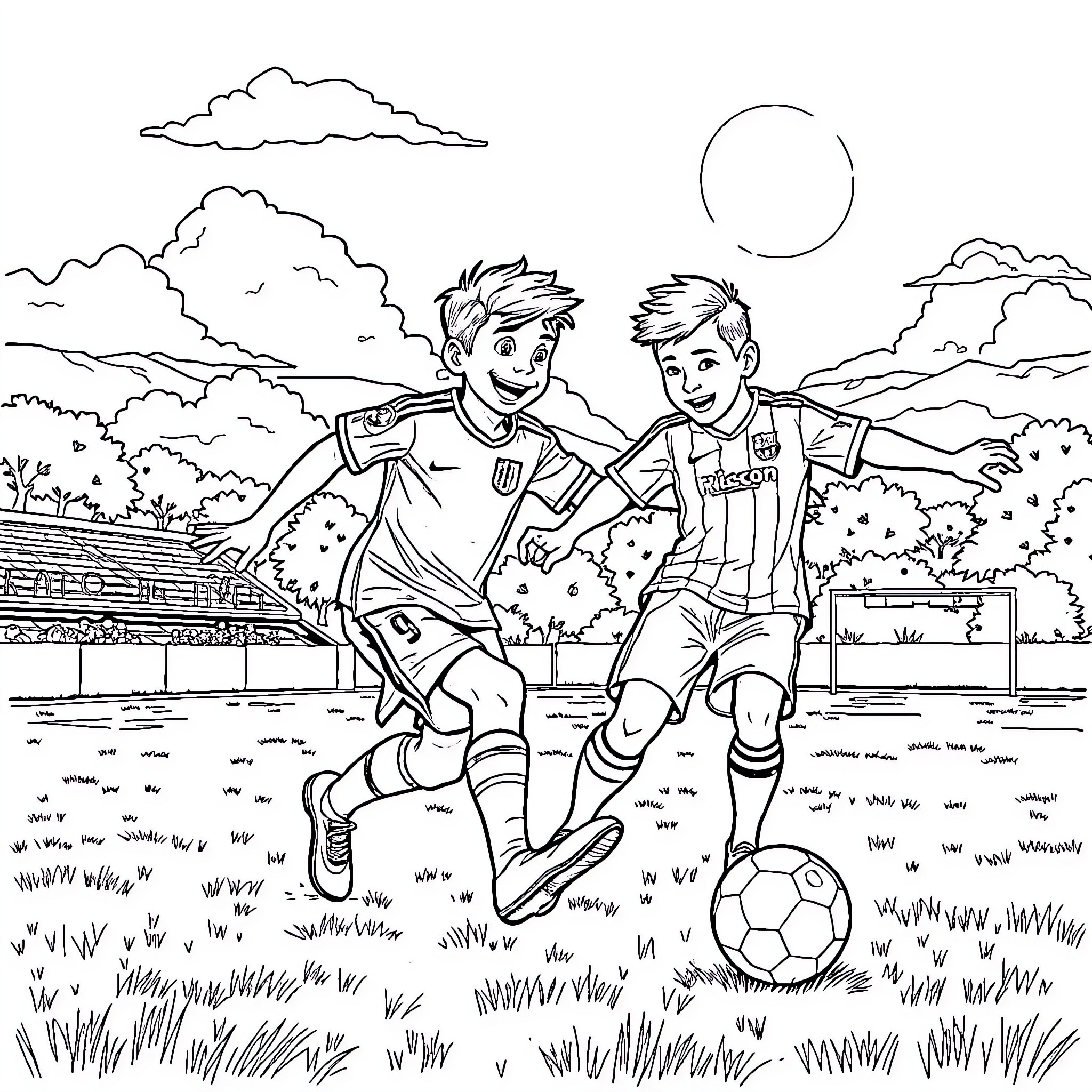 Boy soccer players enjoying game on field Coloring Page (free black-and-white line drawing printable PDF for all, from beginners to advanced learners, including children, teens, adults, and seniors)