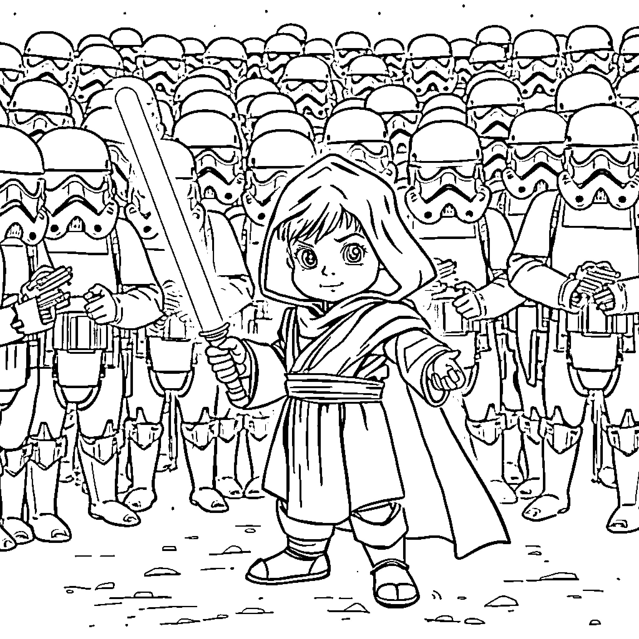 Jedi Apprentice Stands Amidst Army of Stormtroopers Coloring Page (free black-and-white line drawing printable PDF for all, from beginners to advanced learners, including children, teens, adults, and seniors)