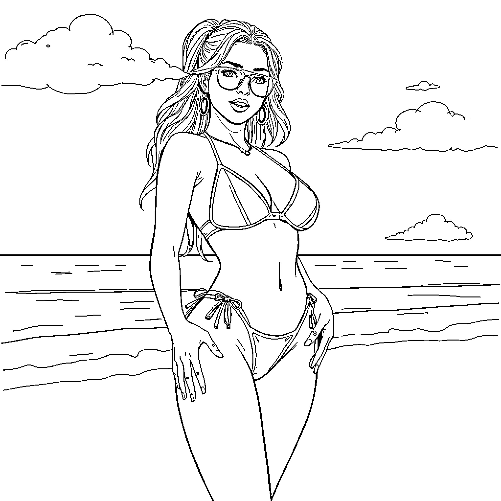 Rumi's Carefree Beach Day Coloring Page (free black-and-white line drawing printable PDF for all, from beginners to advanced learners, including children, teens, adults, and seniors)