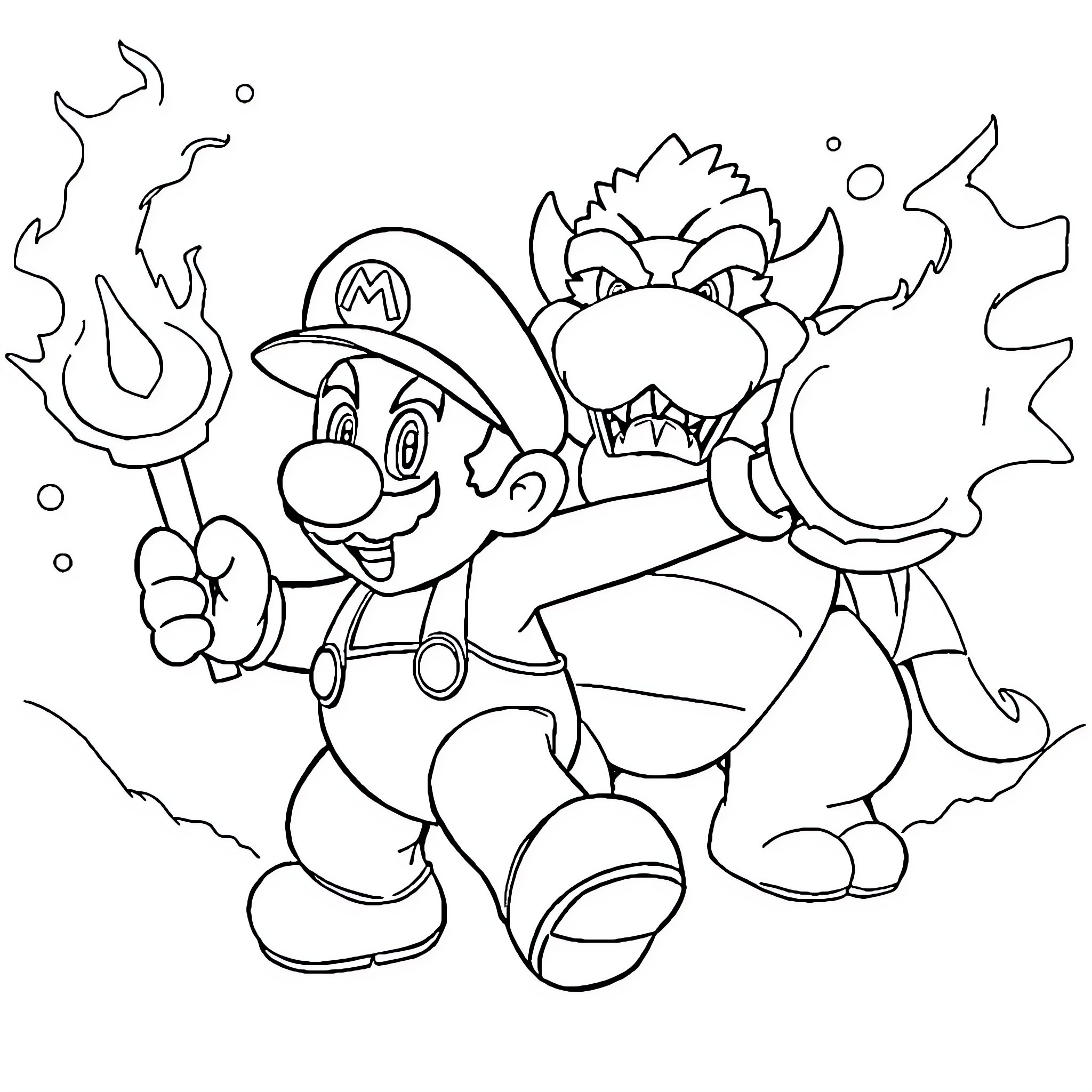 Mario battling a fiery monster Coloring Page (free black-and-white line drawing printable PDF for all, from beginners to advanced learners, including children, teens, adults, and seniors)