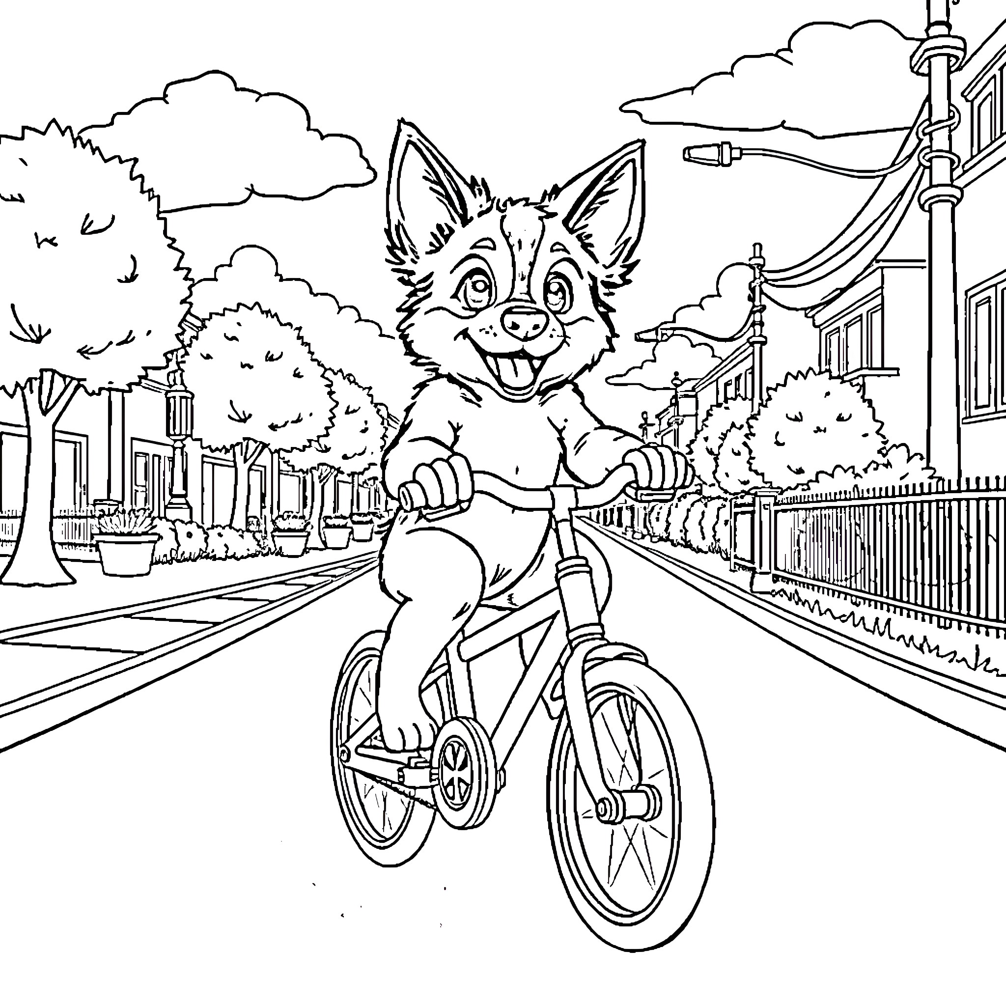 Bluey Riding Bicycle on City Street Coloring Page (free black-and-white line drawing printable PDF for all, from beginners to advanced learners, including children, teens, adults, and seniors)