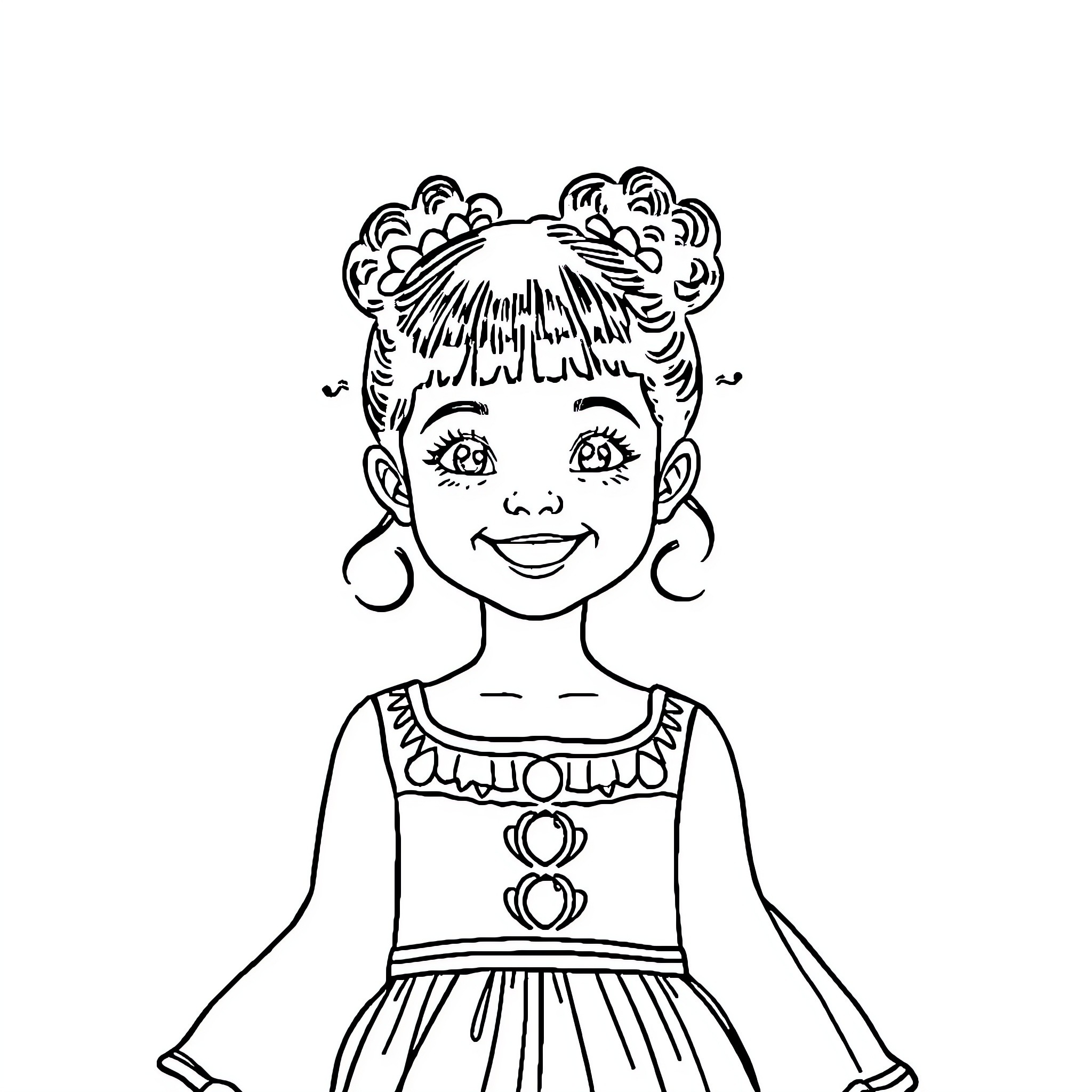 Girl in Dress with Curly Hair Coloring Page (free black-and-white line drawing printable PDF for all, from beginners to advanced learners, including children, teens, adults, and seniors)