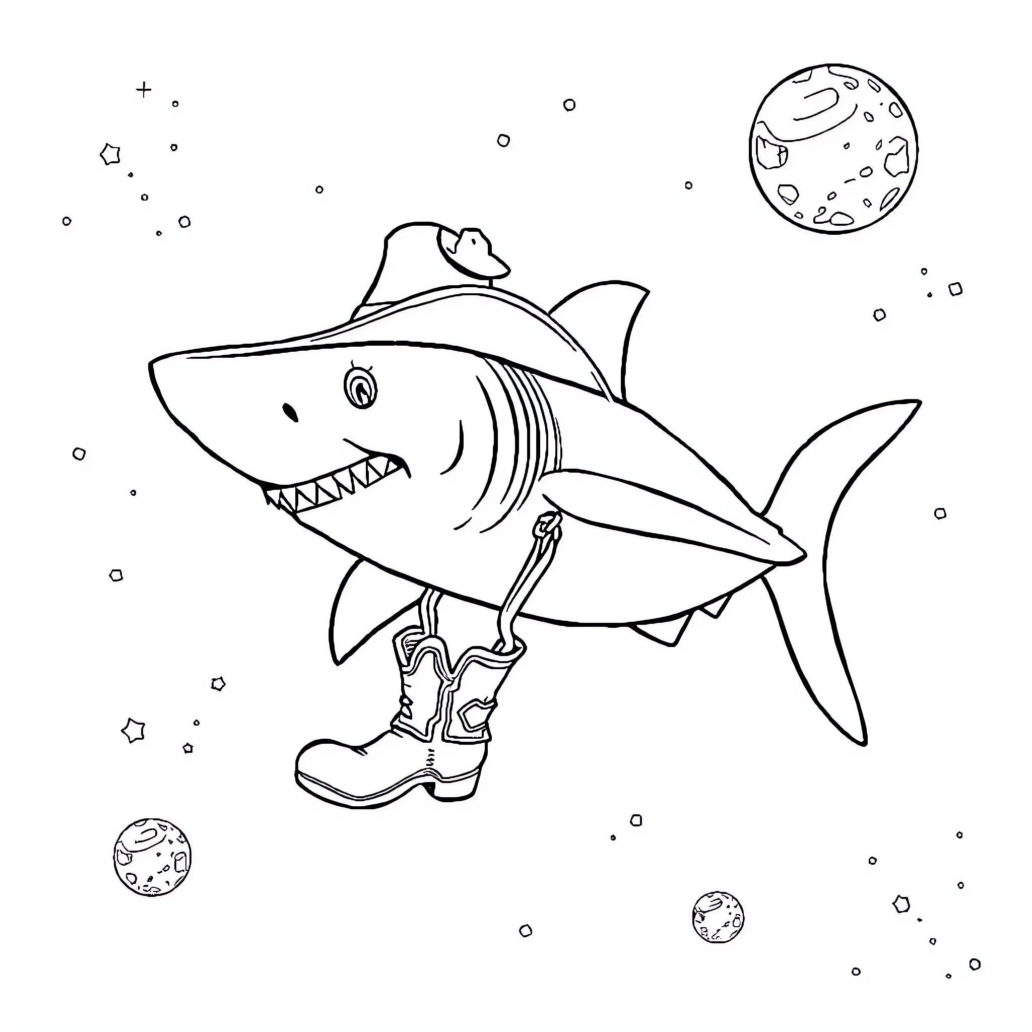 Shark wearing cowboy boots in space Coloring Page (free black-and-white line drawing printable PDF for all, from beginners to advanced learners, including children, teens, adults, and seniors)