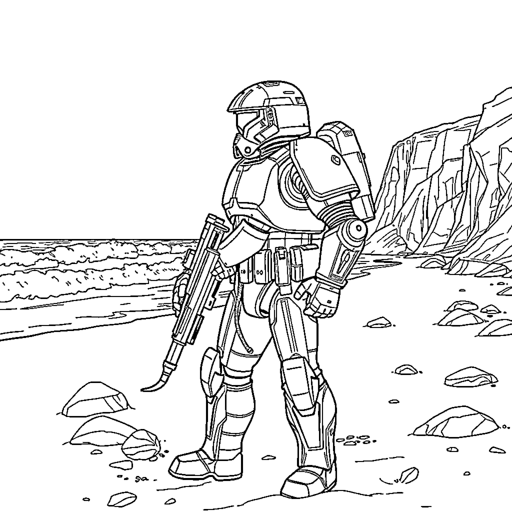 Space Marine exploring rugged alien landscape Coloring Page (free black-and-white line drawing printable PDF for all, from beginners to advanced learners, including children, teens, adults, and seniors)