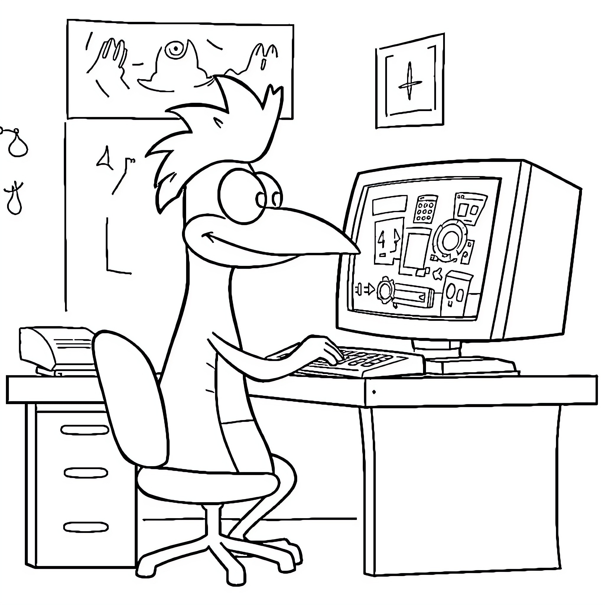 Perry the Platypus operates computer in office Coloring Page (free black-and-white line drawing printable PDF for all, from beginners to advanced learners, including children, teens, adults, and seniors)