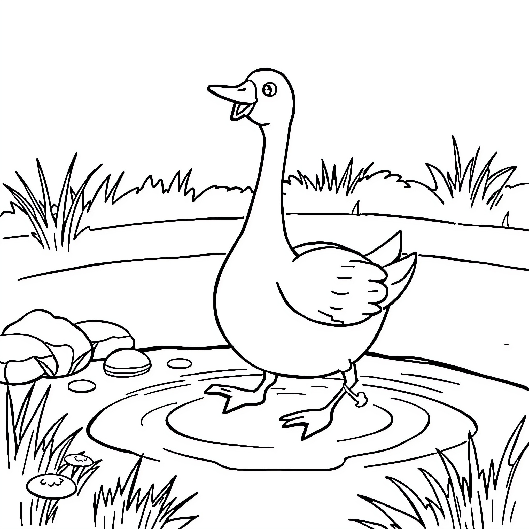 Goose waddles through the tranquil pond Coloring Page (free black-and-white line drawing printable PDF for all, from beginners to advanced learners, including children, teens, adults, and seniors)