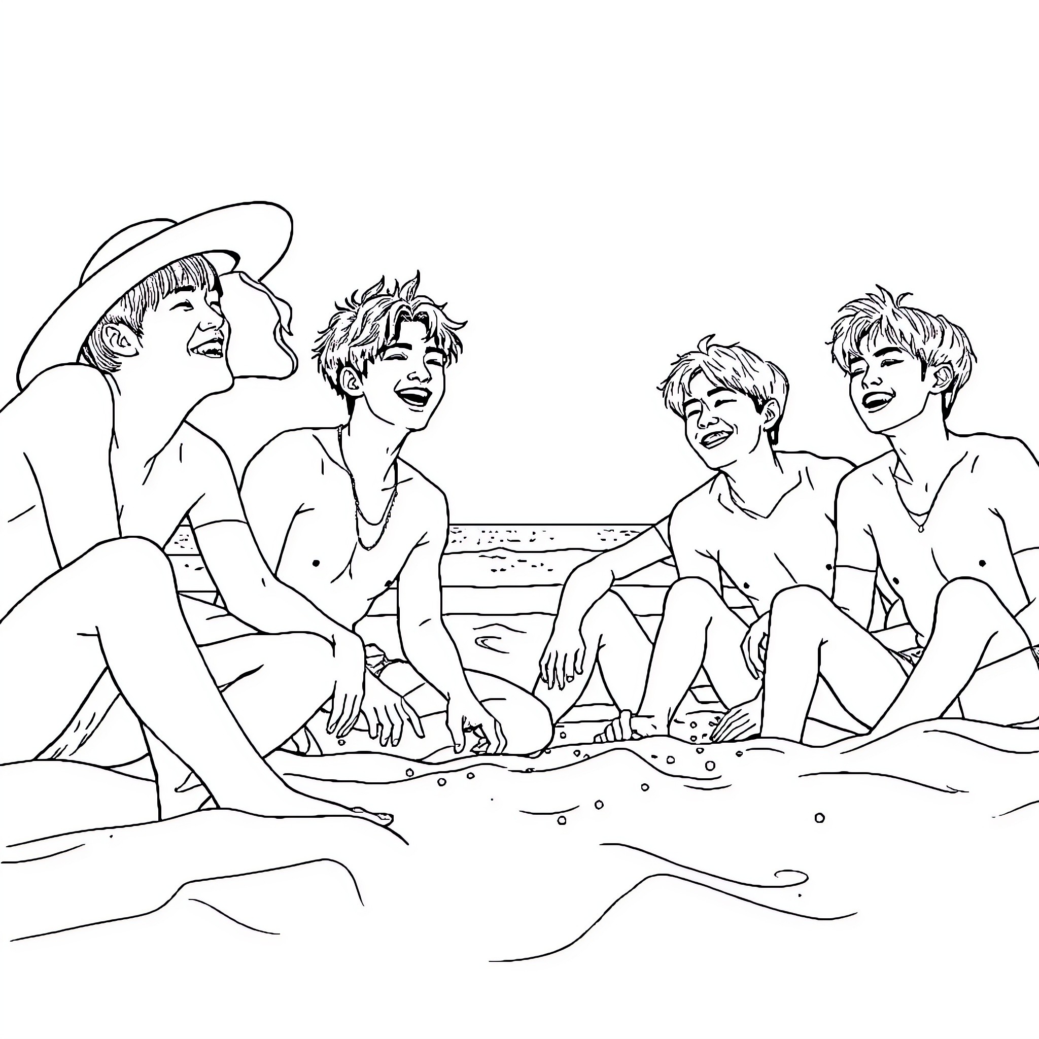 BTS Relaxing and Enjoying Time Together at the Beach Coloring Page (free black-and-white line drawing printable PDF for all, from beginners to advanced learners, including children, teens, adults, and seniors)
