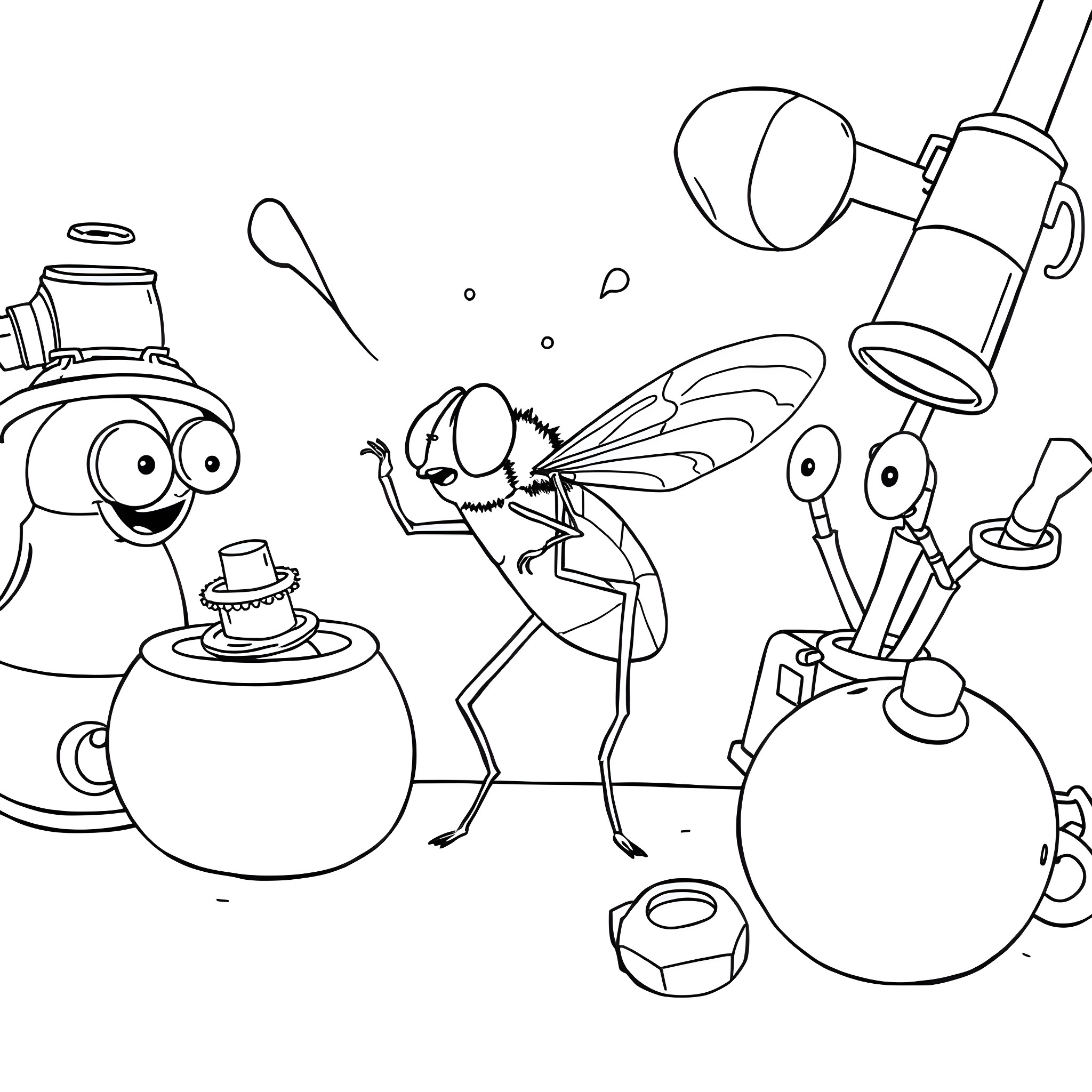Housefly exploring laboratory equipment Coloring Page (free black-and-white line drawing printable PDF for all, from beginners to advanced learners, including children, teens, adults, and seniors)