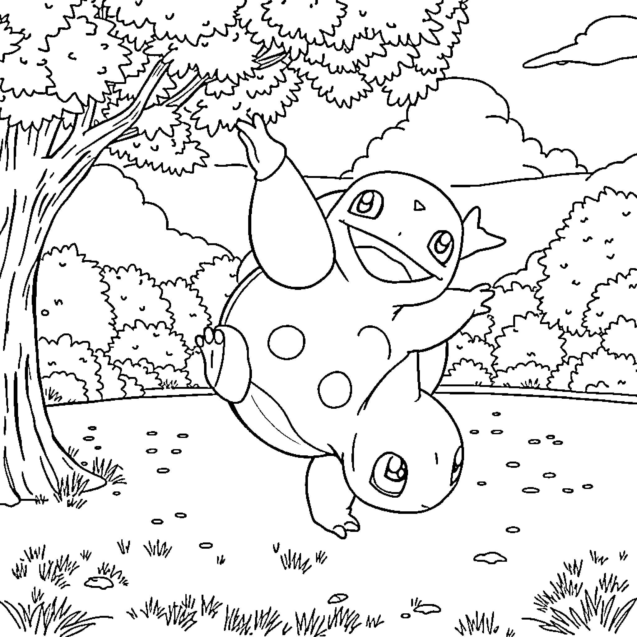 Bulbasaur exploring the forest scene Coloring Page (free black-and-white line drawing printable PDF for all, from beginners to advanced learners, including children, teens, adults, and seniors)