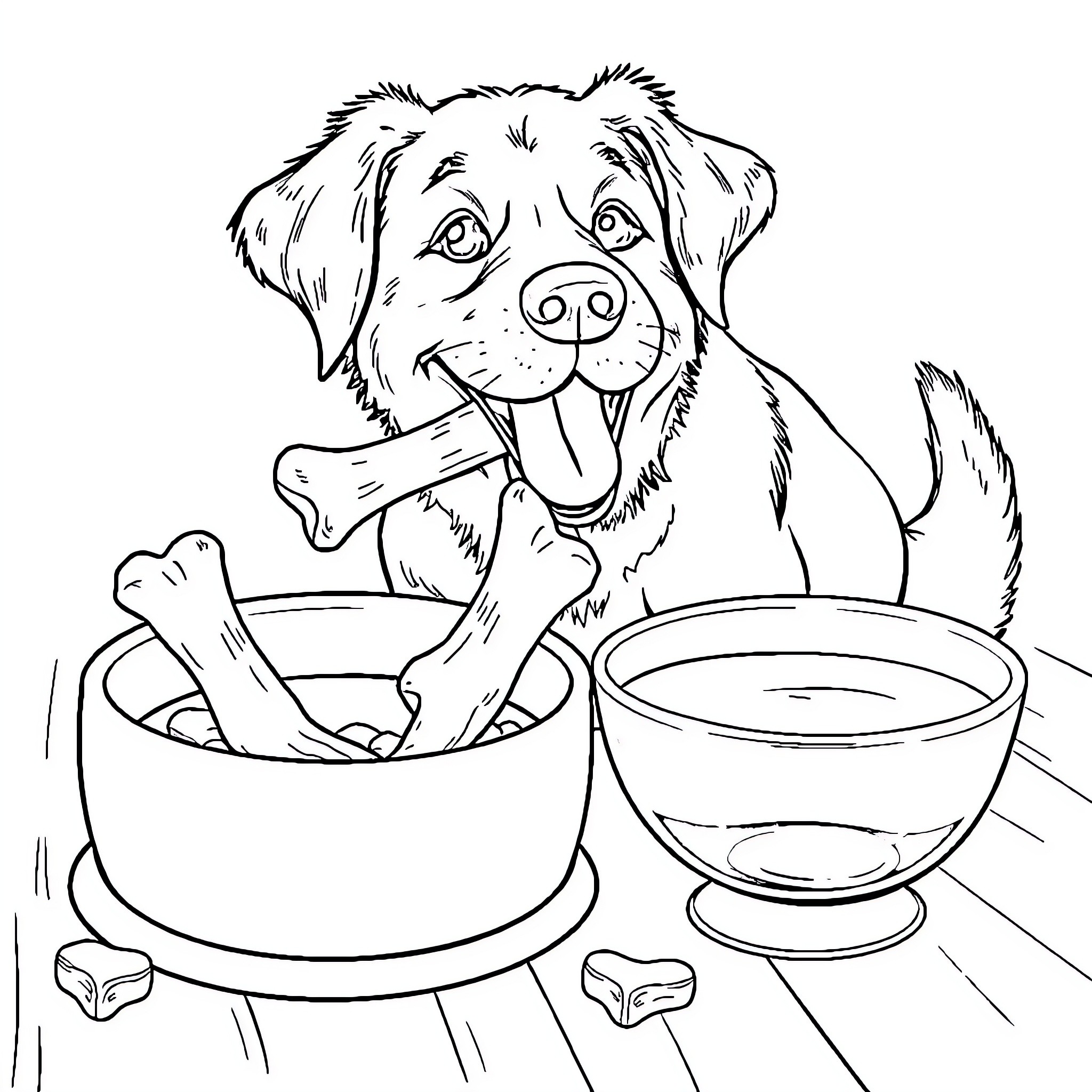 Dog enjoying a treat in a bowl Coloring Page (free black-and-white line drawing printable PDF for all, from beginners to advanced learners, including children, teens, adults, and seniors)