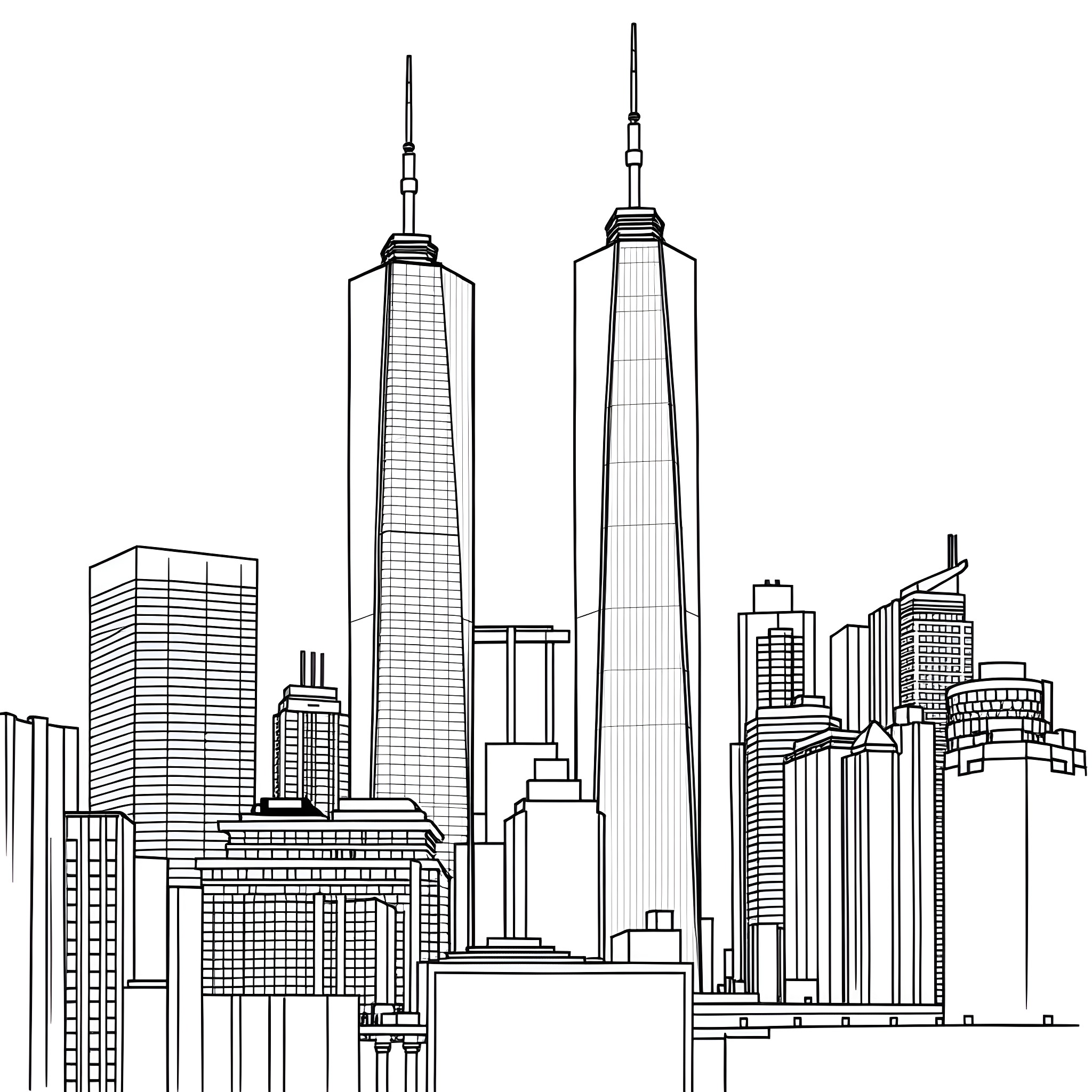 World Trade Center iconic skyscrapers in city skyline Coloring Page (free black-and-white line drawing printable PDF for all, from beginners to advanced learners, including children, teens, adults, and seniors)