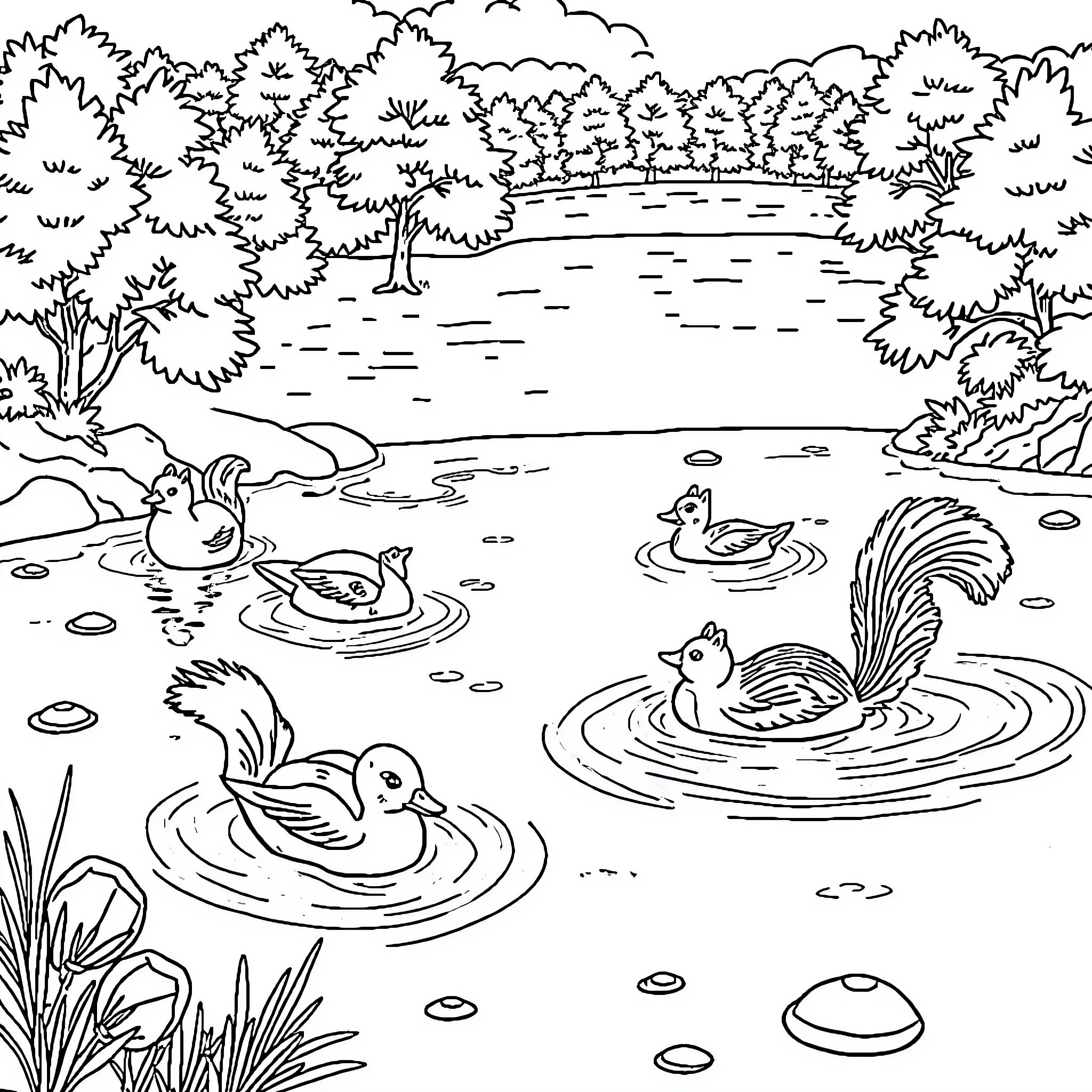 Animal Ducks swimming in the peaceful pond Coloring Page (free black-and-white line drawing printable PDF for all, from beginners to advanced learners, including children, teens, adults, and seniors)