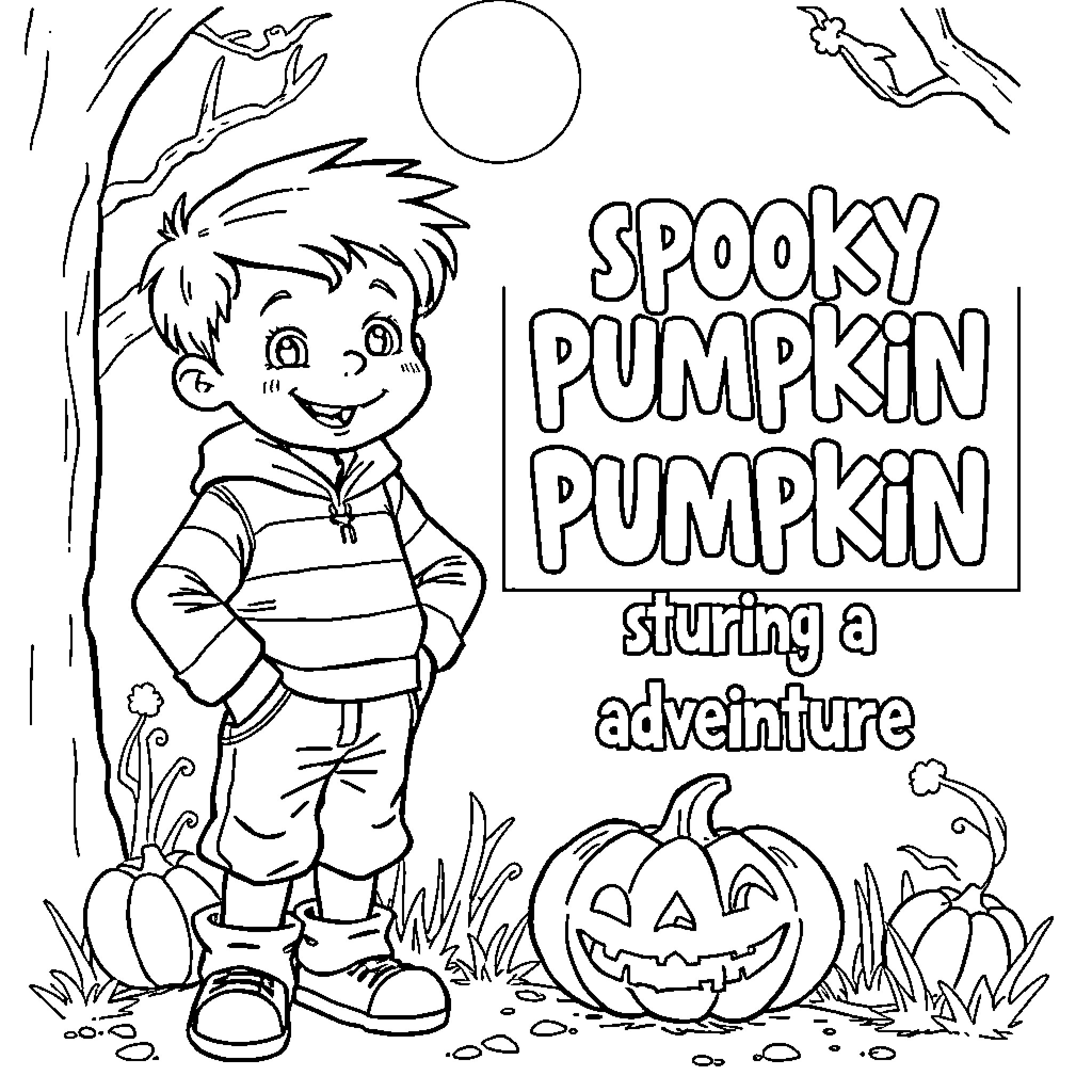 Kid going on a spooky pumpkin adventure Coloring Page (free black-and-white line drawing printable PDF for all, from beginners to advanced learners, including children, teens, adults, and seniors)