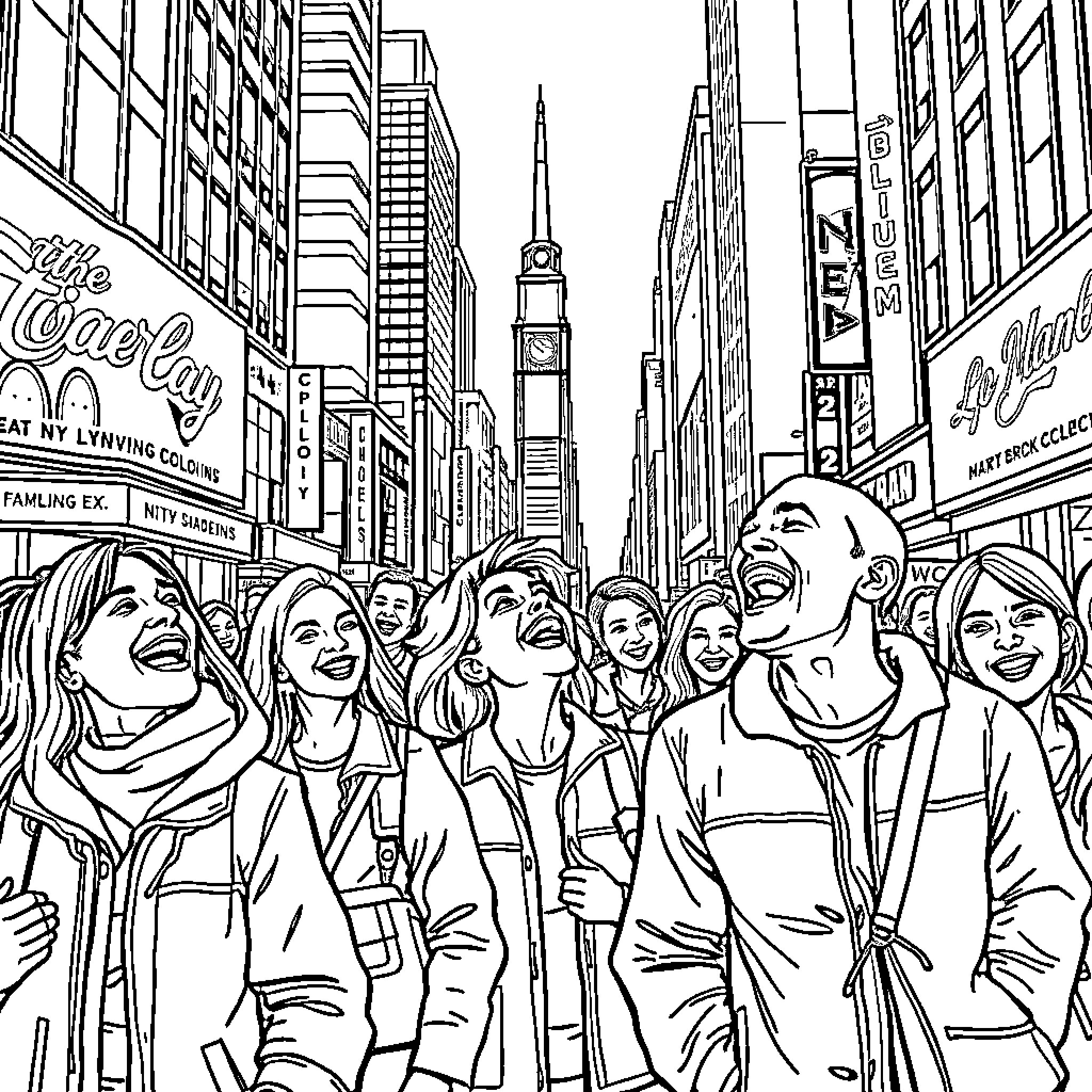 LOL Lively crowd in the city streets Coloring Page (free black-and-white line drawing printable PDF for all, from beginners to advanced learners, including children, teens, adults, and seniors)