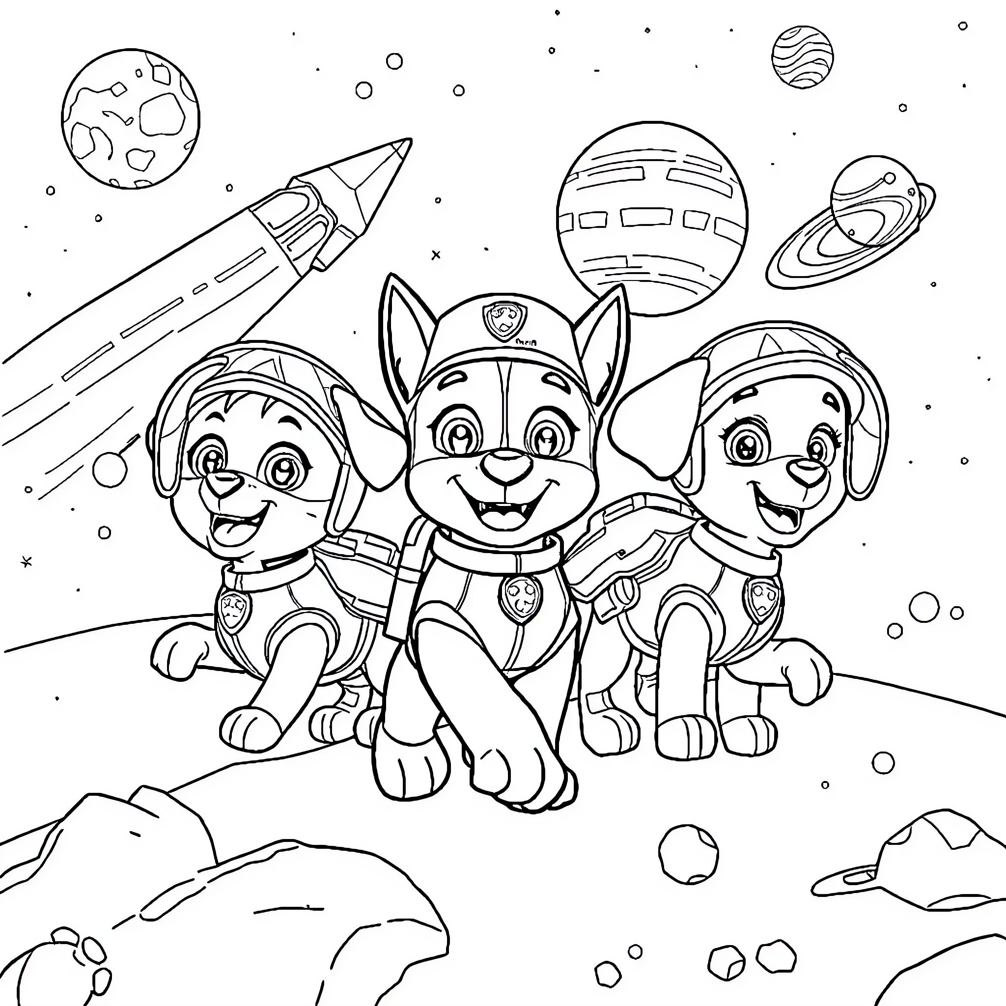 Paw Patrol Adventuring in Outer Space Coloring Page (free black-and-white line drawing printable PDF for all, from beginners to advanced learners, including children, teens, adults, and seniors)