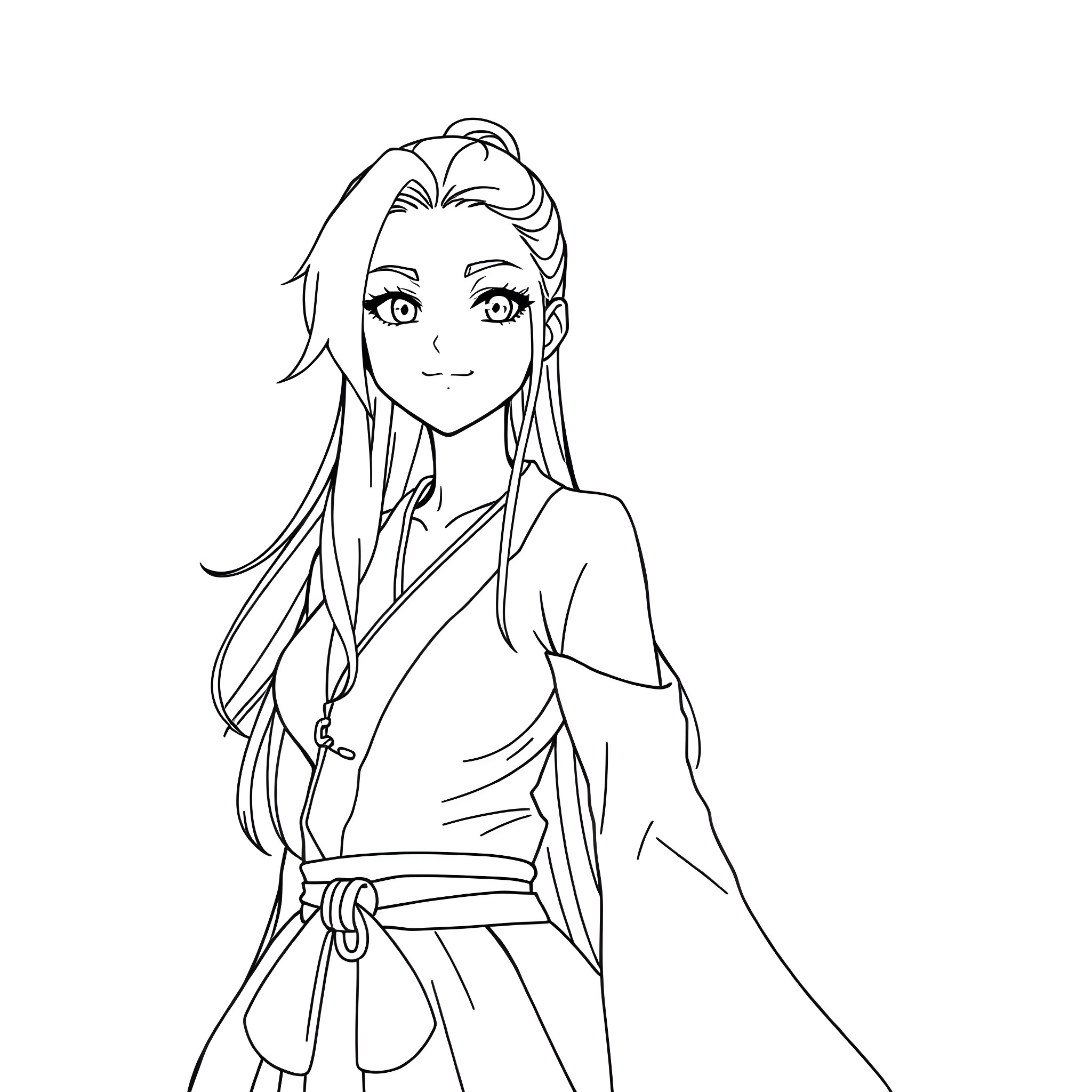 Tsunade in formal attire with an earnest expression Coloring Page (free black-and-white line drawing printable PDF for all, from beginners to advanced learners, including children, teens, adults, and seniors)