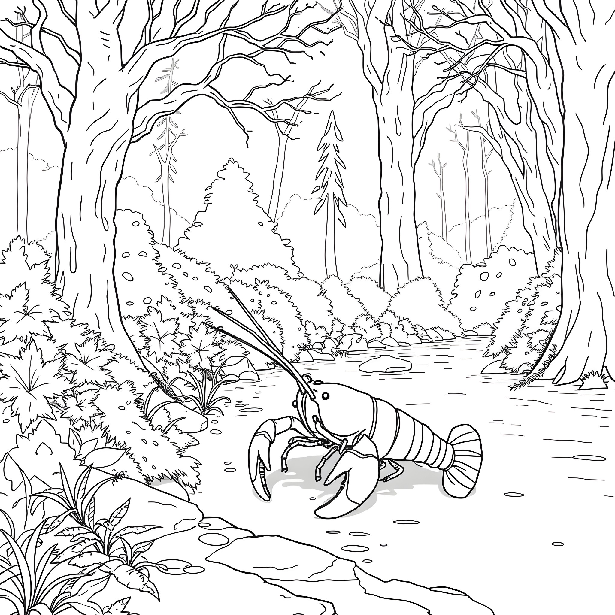 Lobster exploring the mysterious forest pond Coloring Page (free black-and-white line drawing printable PDF for all, from beginners to advanced learners, including children, teens, adults, and seniors)