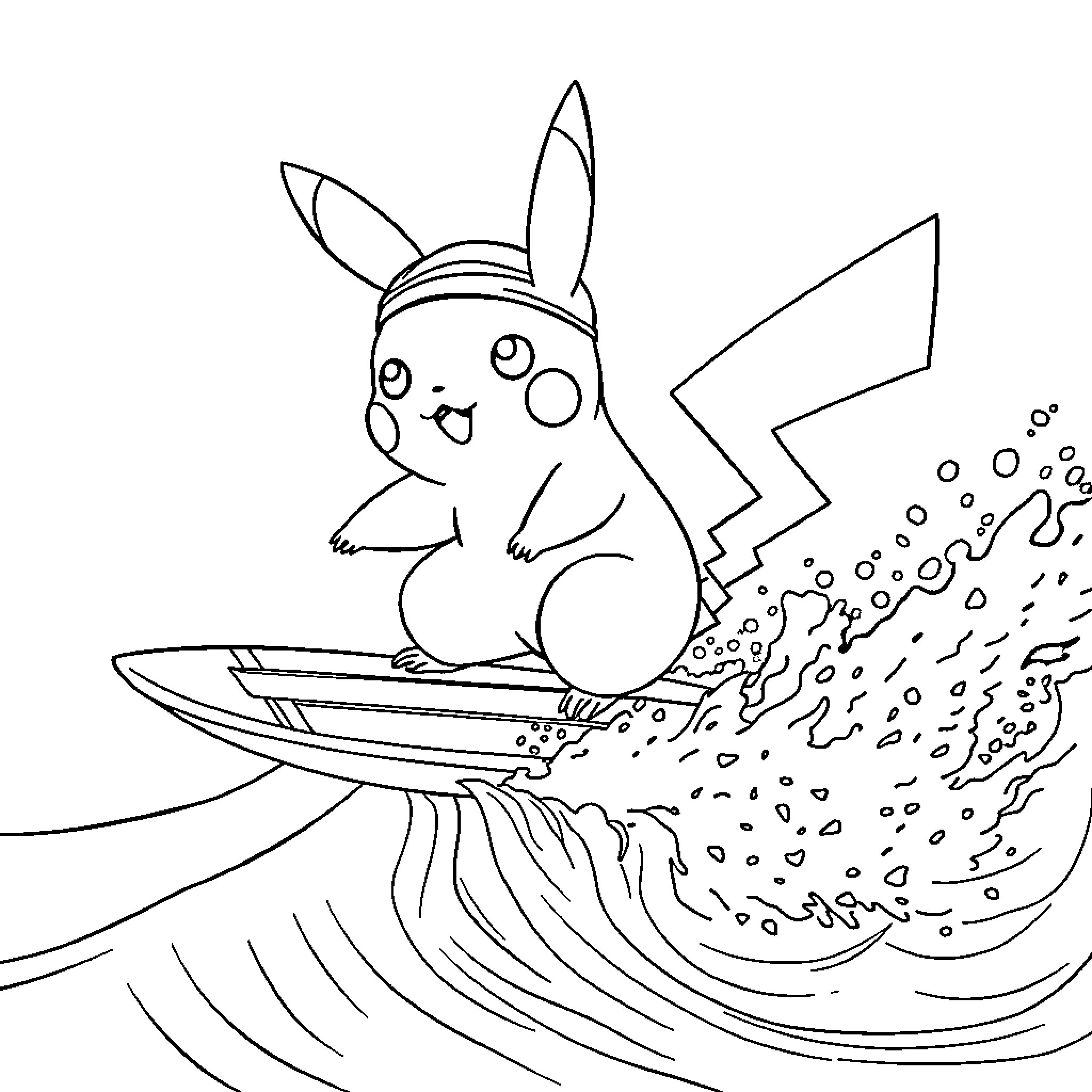 Pikachu surfing on waves Coloring Page (free black-and-white line drawing printable PDF for all, from beginners to advanced learners, including children, teens, adults, and seniors)