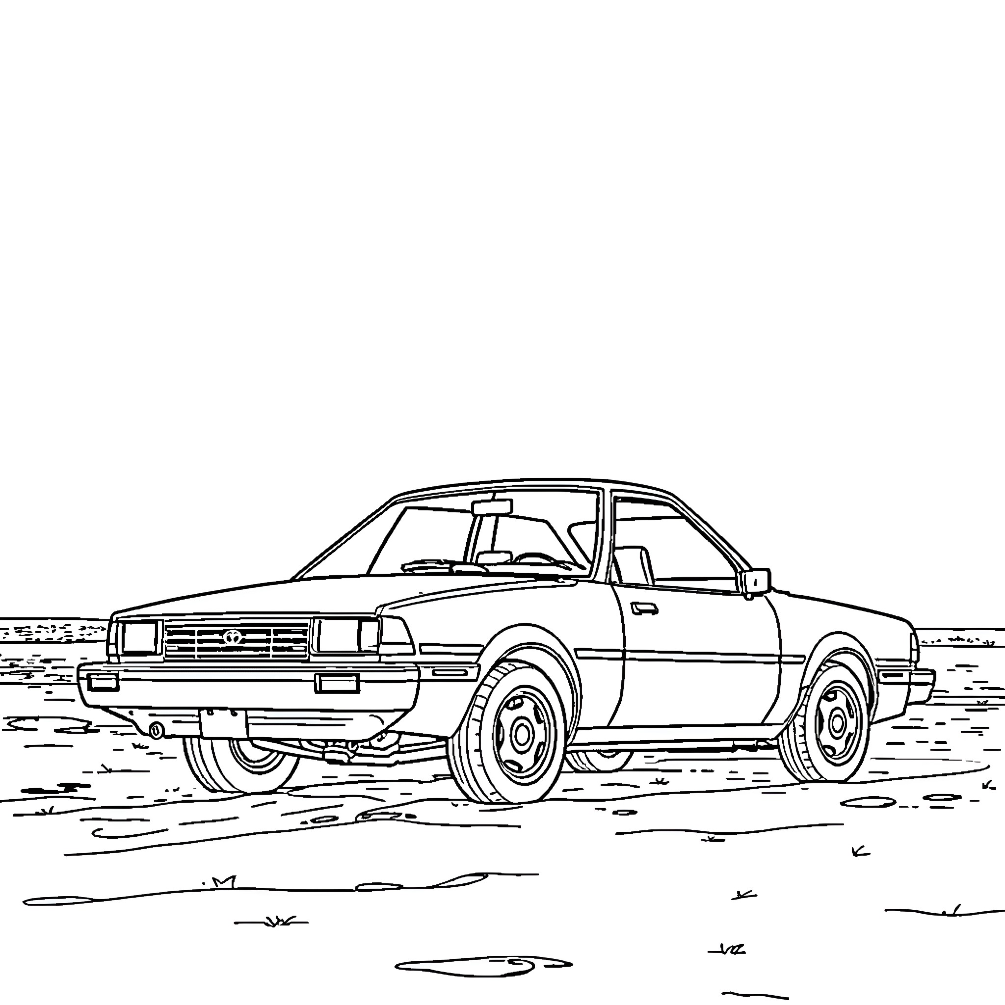 Toyota Tercel parked in a rural setting Coloring Page (free black-and-white line drawing printable PDF for all, from beginners to advanced learners, including children, teens, adults, and seniors)