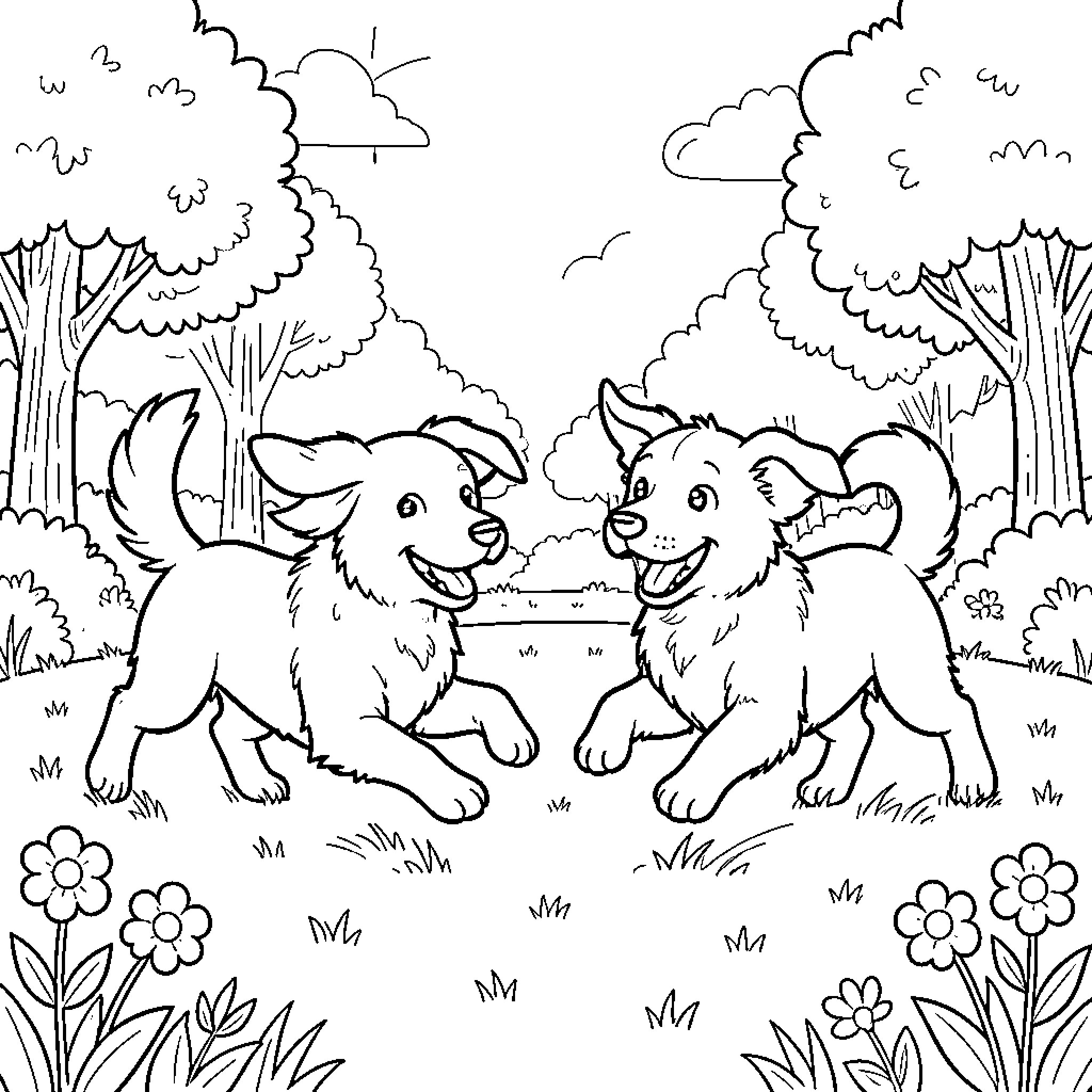 Dog friends exploring the forest together Coloring Page (free black-and-white line drawing printable PDF for all, from beginners to advanced learners, including children, teens, adults, and seniors)