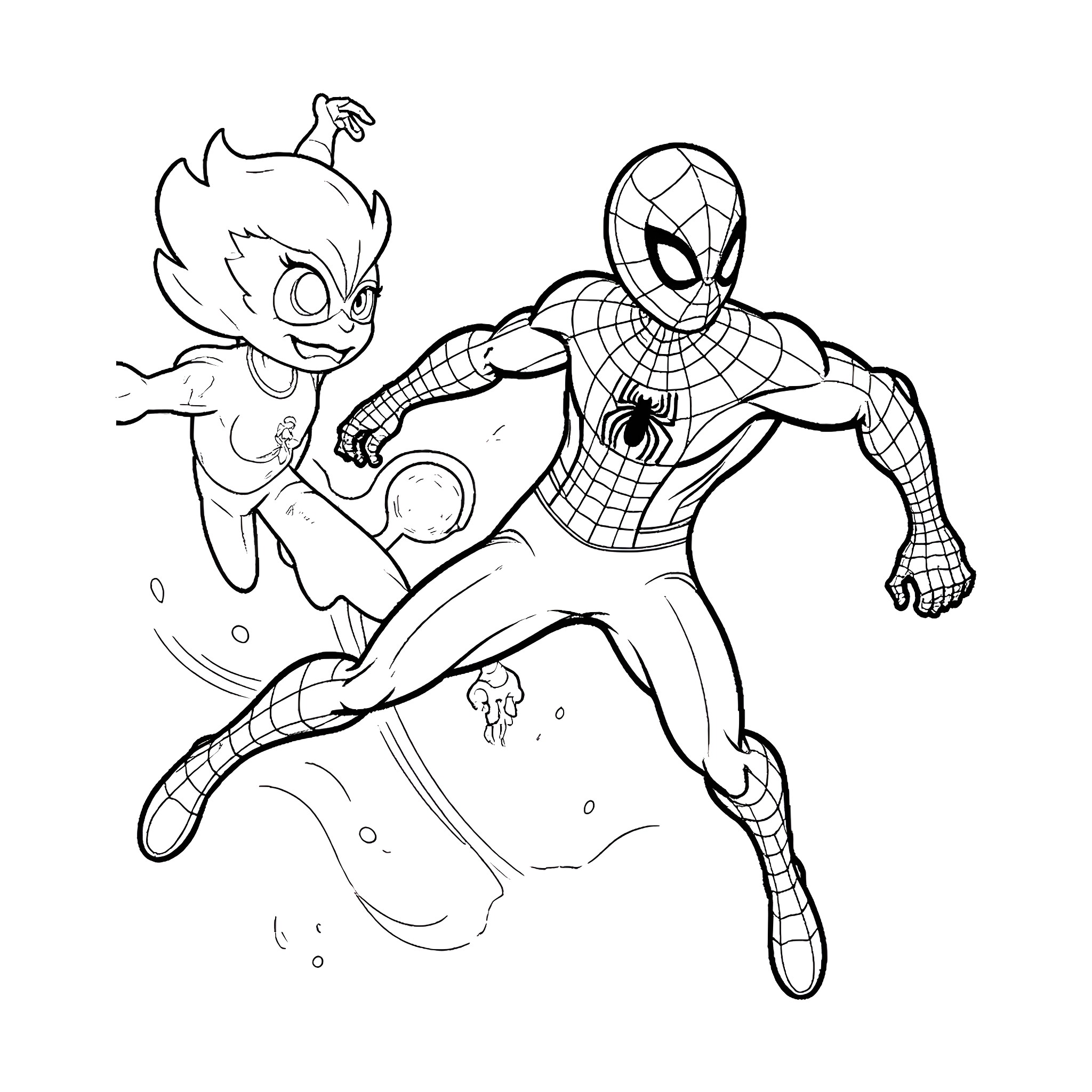 Spider-Man fighting villain in dynamic action pose Coloring Page (free black-and-white line drawing printable PDF for all, from beginners to advanced learners, including children, teens, adults, and seniors)