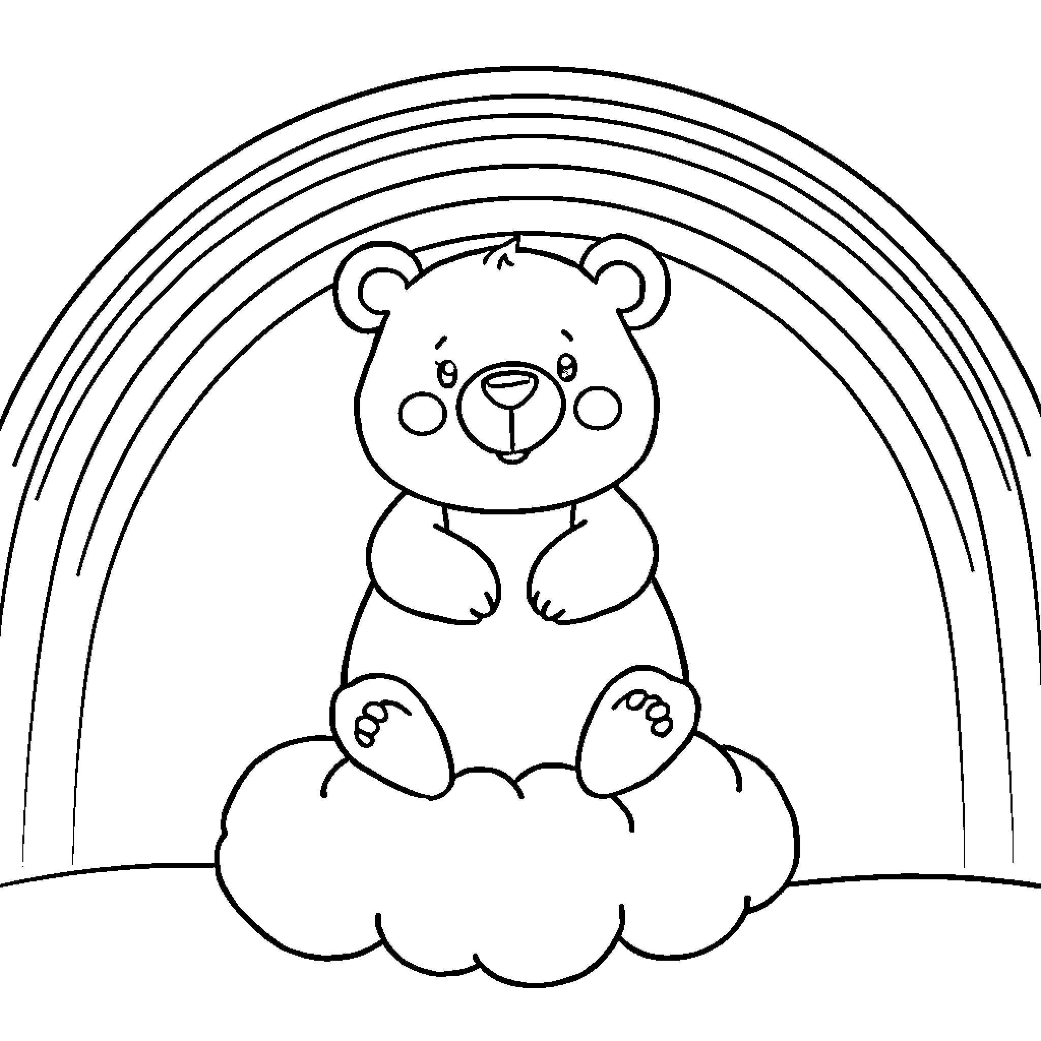 Bear sitting on a cloud under a rainbow Coloring Page (free black-and-white line drawing printable PDF for all, from beginners to advanced learners, including children, teens, adults, and seniors)