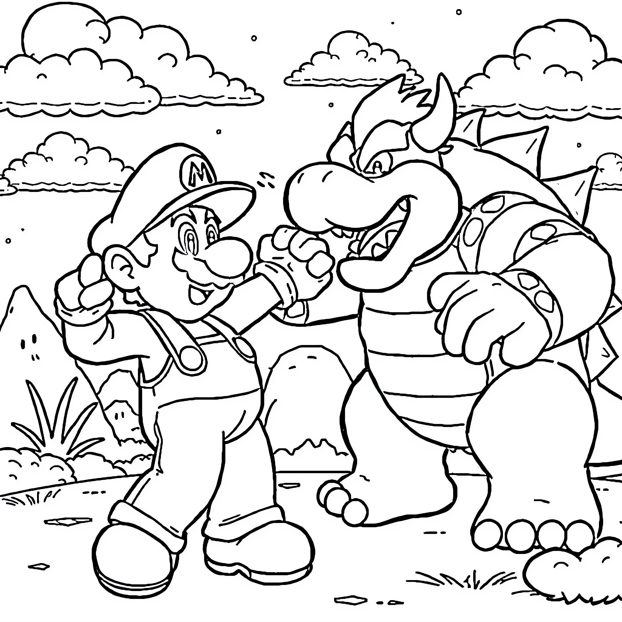 Mario's Confrontation with the Koopa King Coloring Page (free black-and-white line drawing printable PDF for all, from beginners to advanced learners, including children, teens, adults, and seniors)