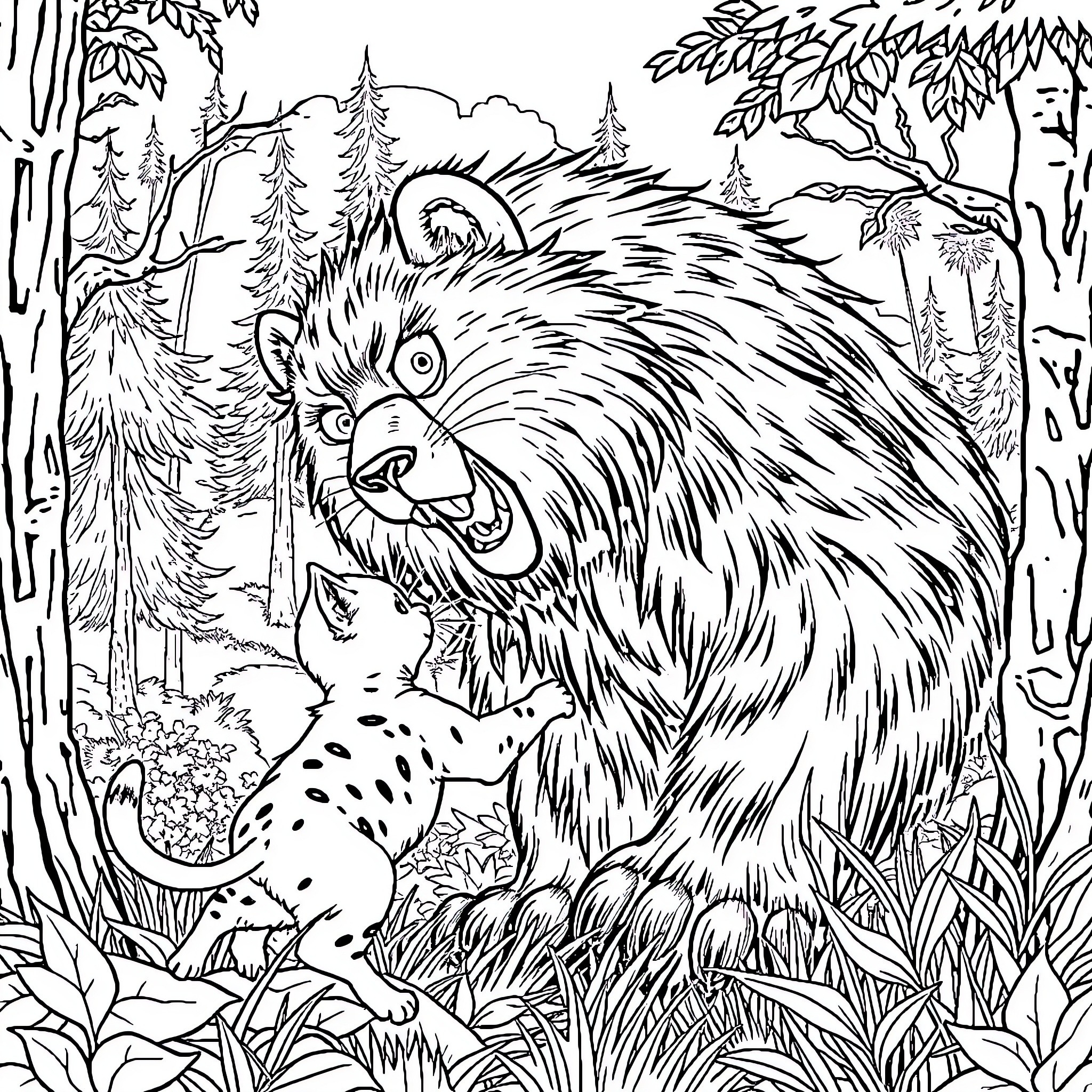 Gato growling fiercely in the forest Coloring Page (free black-and-white line drawing printable PDF for all, from beginners to advanced learners, including children, teens, adults, and seniors)