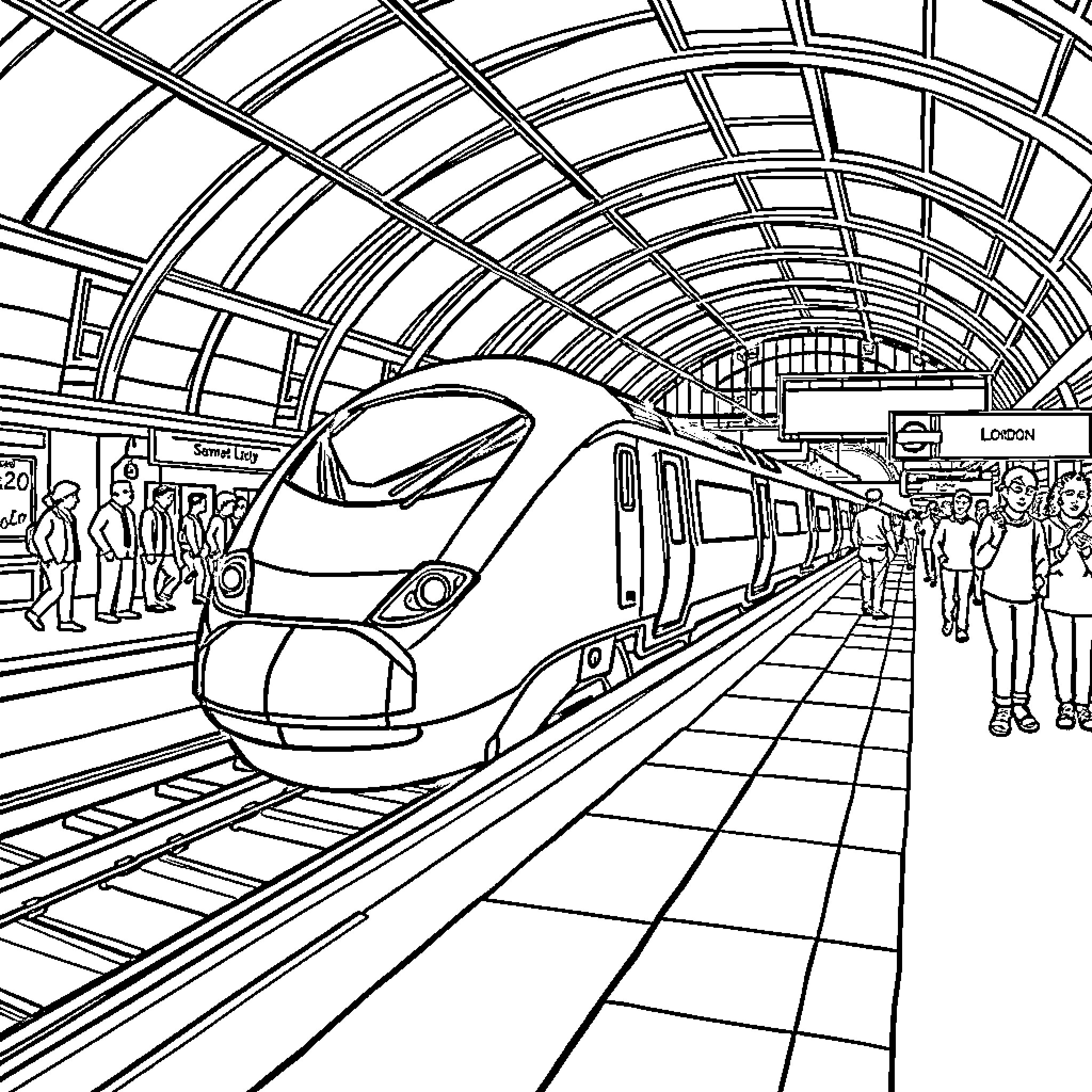 Train Arriving at a Bustling Railway Station Coloring Page (free black-and-white line drawing printable PDF for all, from beginners to advanced learners, including children, teens, adults, and seniors)