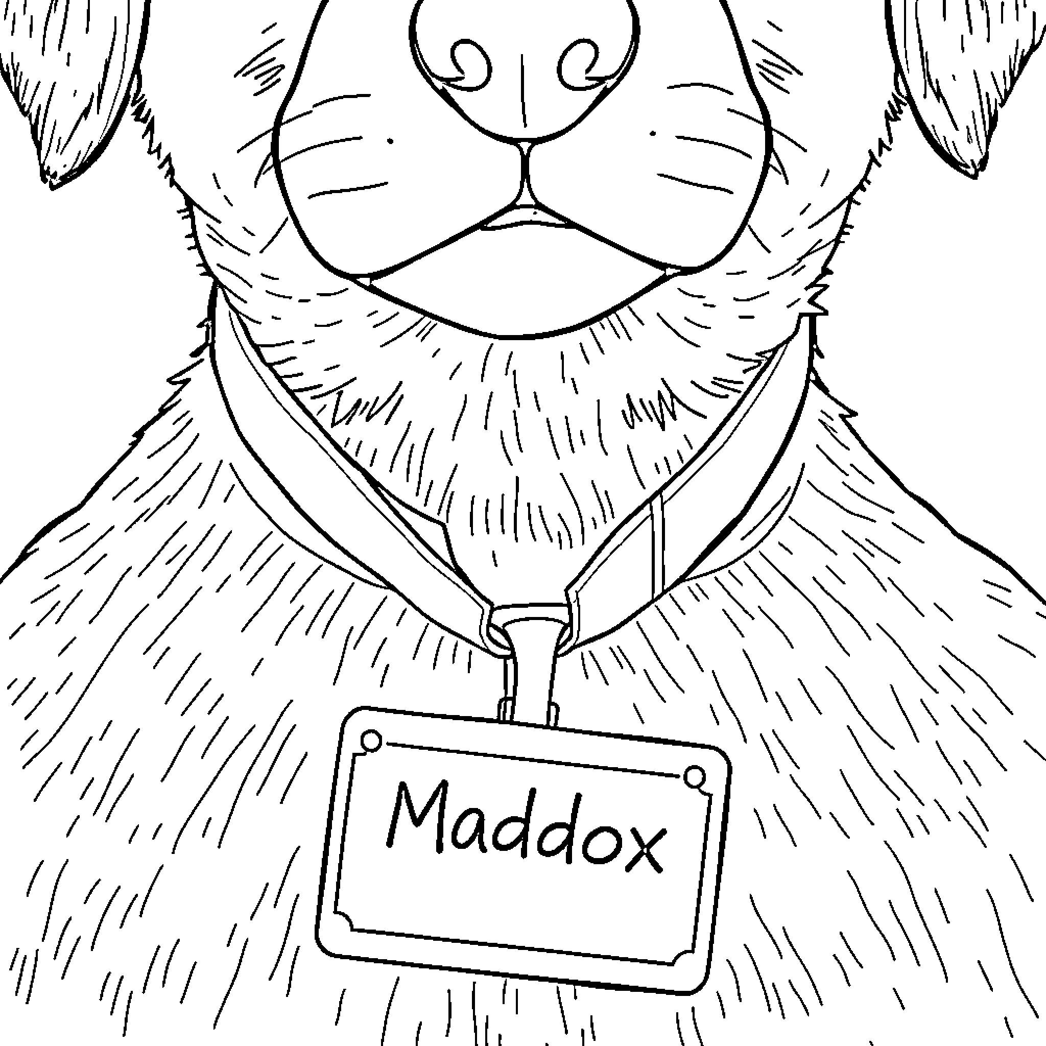 Nametag with pet character Coloring Page (free black-and-white line drawing printable PDF for all, from beginners to advanced learners, including children, teens, adults, and seniors)