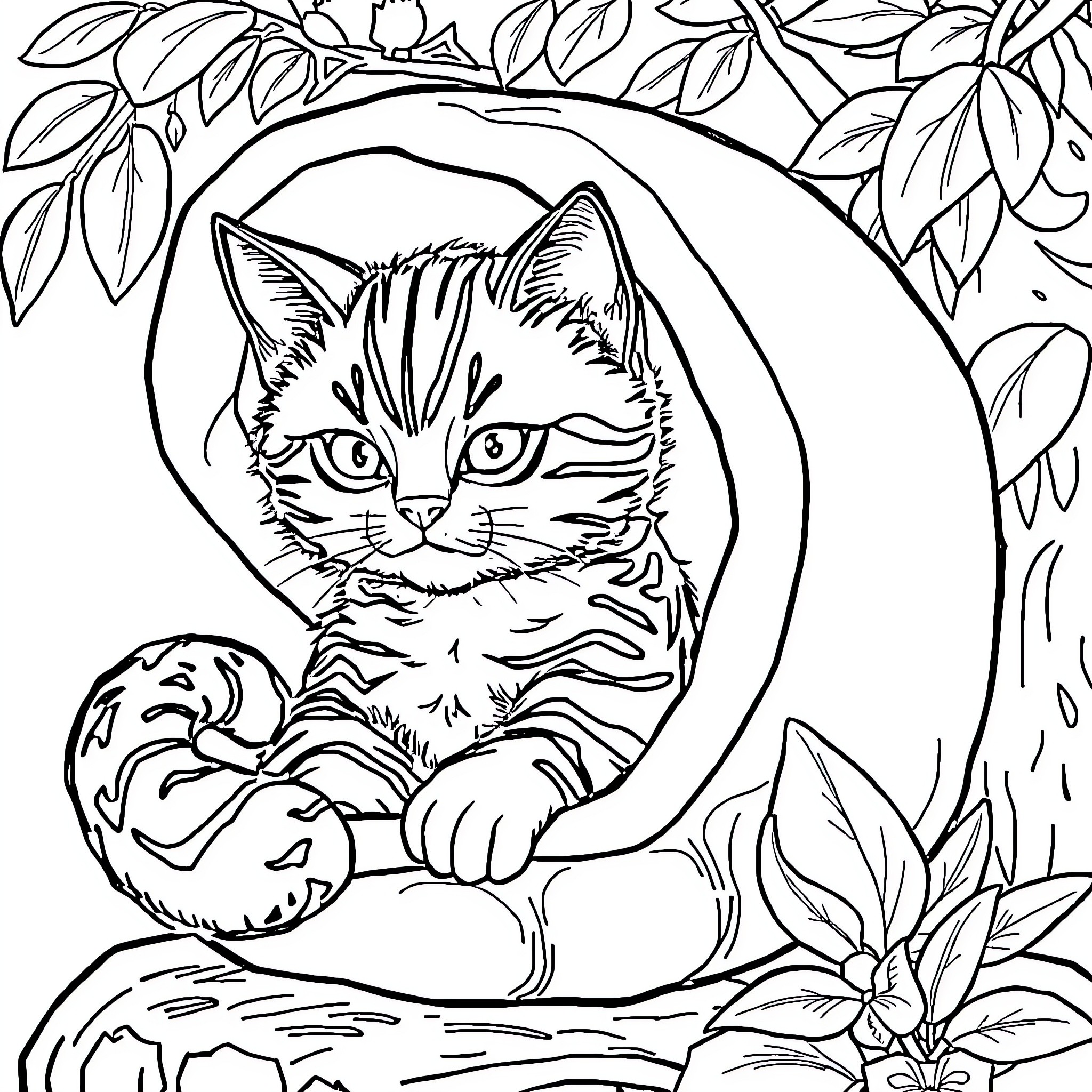Cat resting in foliage Coloring Page (free black-and-white line drawing printable PDF for all, from beginners to advanced learners, including children, teens, adults, and seniors)