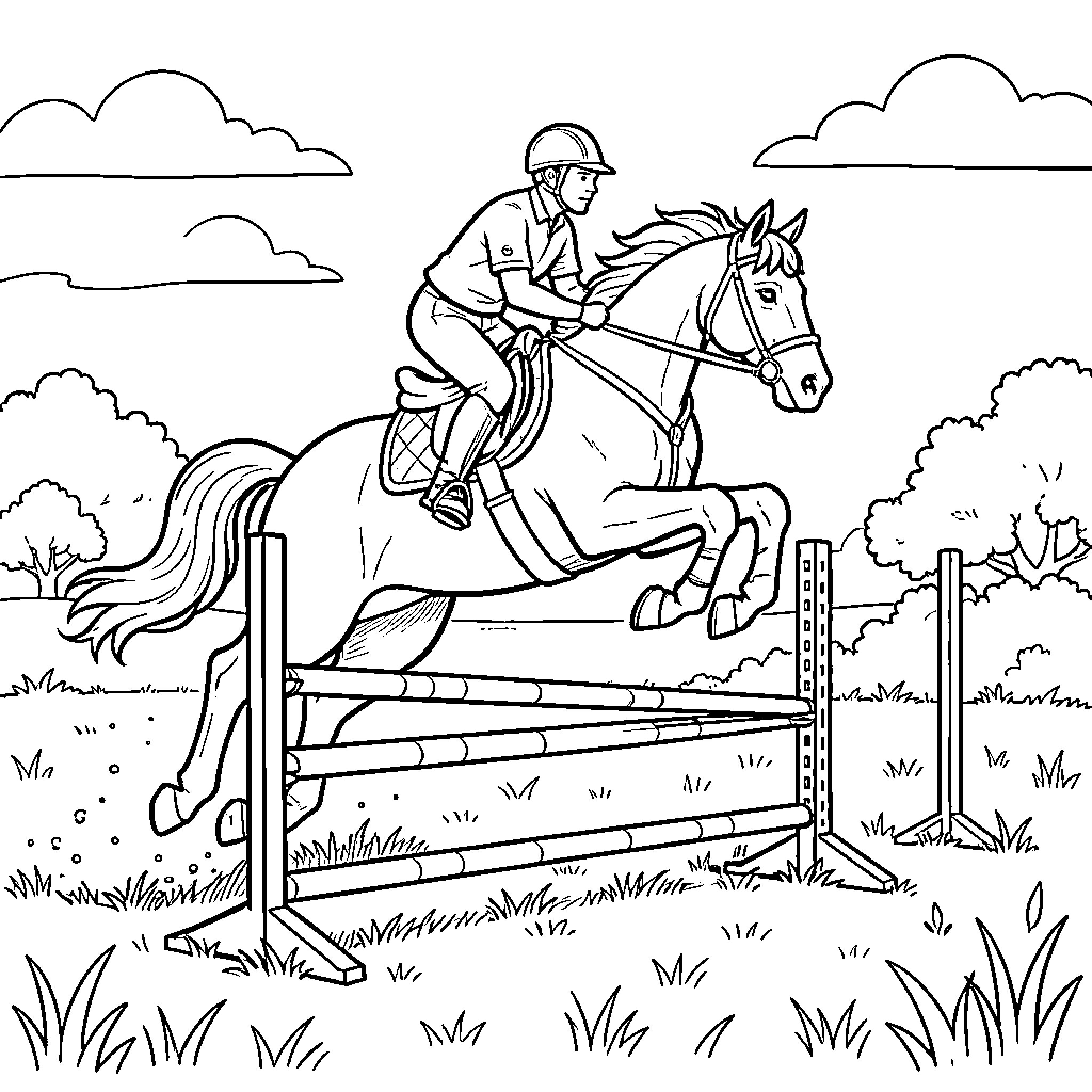 Horse jumping over a hurdle during an equestrian competition Coloring Page (free black-and-white line drawing printable PDF for all, from beginners to advanced learners, including children, teens, adults, and seniors)