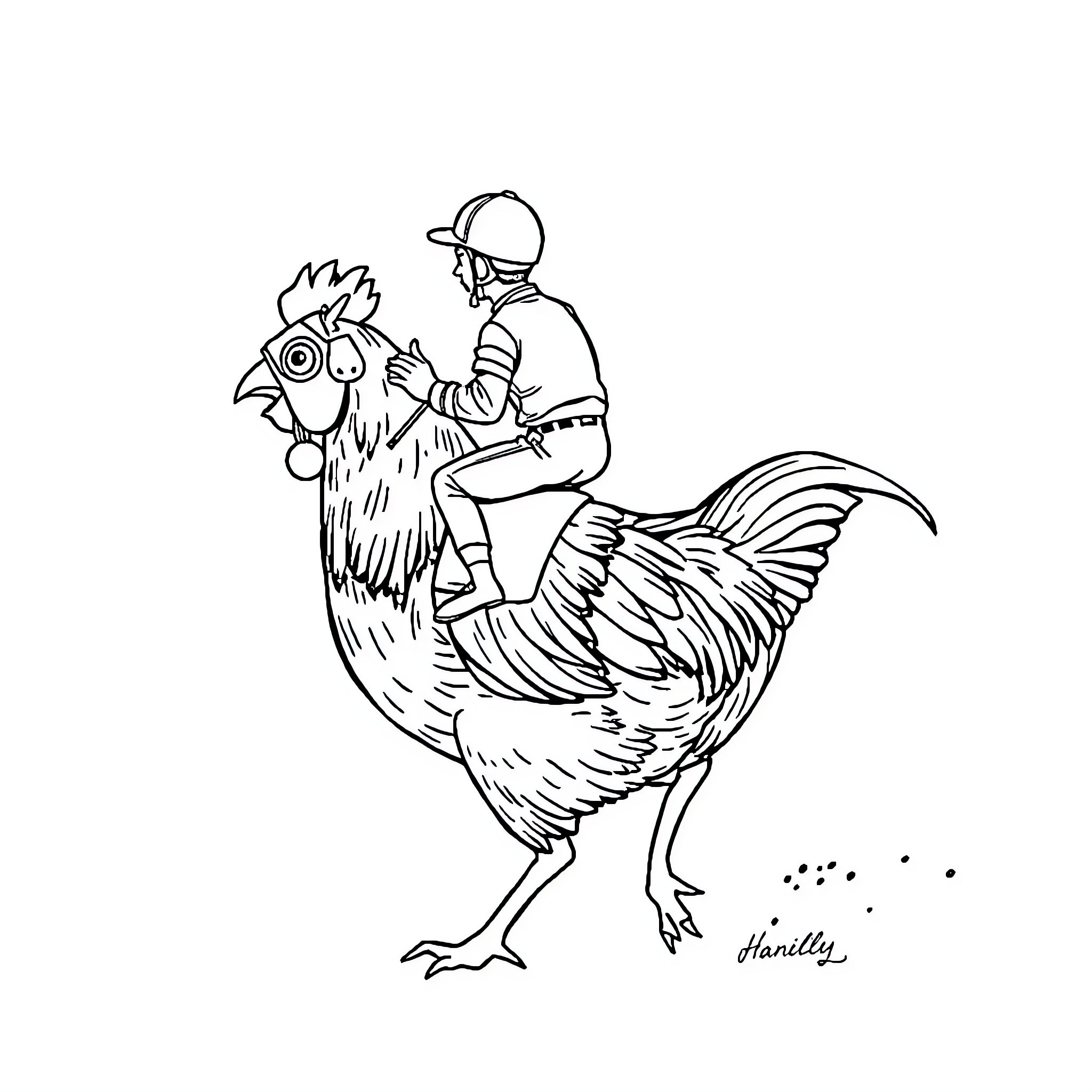 Chicken being tended to by a farmer Coloring Page (free black-and-white line drawing printable PDF for all, from beginners to advanced learners, including children, teens, adults, and seniors)