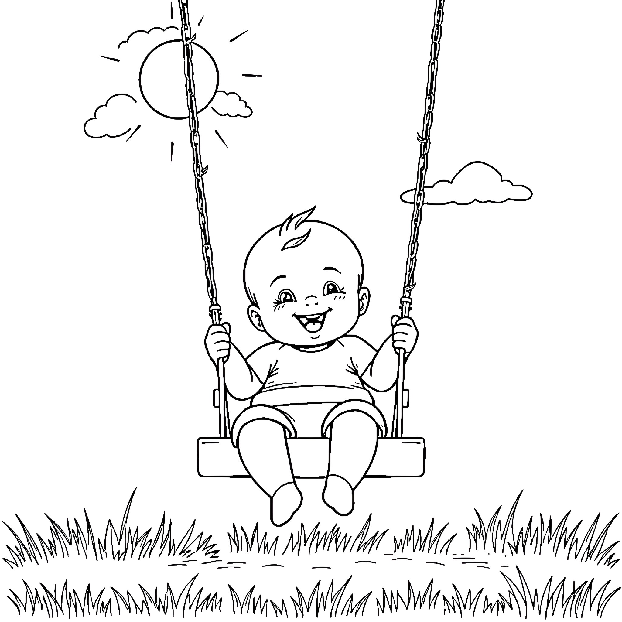 Baby enjoying swing on a sunny day Coloring Page (free black-and-white line drawing printable PDF for all, from beginners to advanced learners, including children, teens, adults, and seniors)