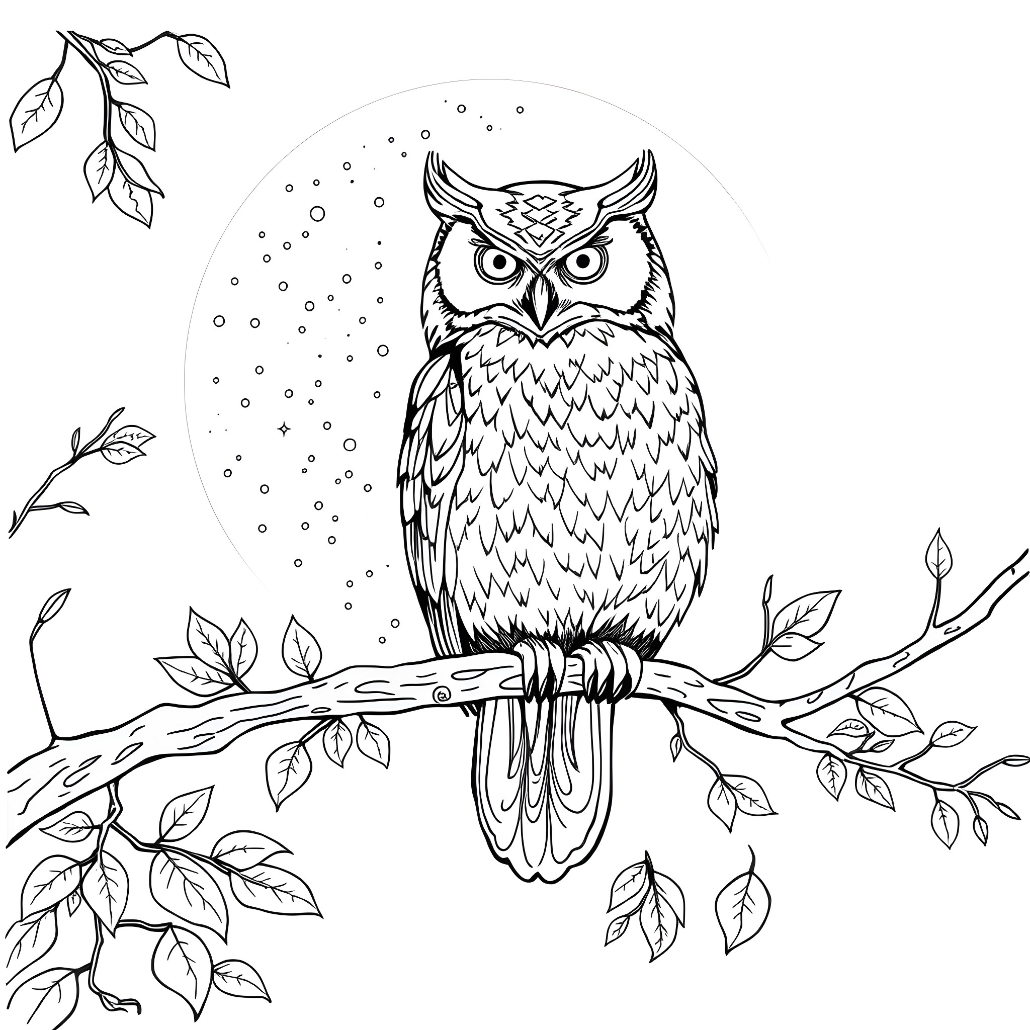 Owl perched on a branch surrounded by leaves Coloring Page (free black-and-white line drawing printable PDF for all, from beginners to advanced learners, including children, teens, adults, and seniors)