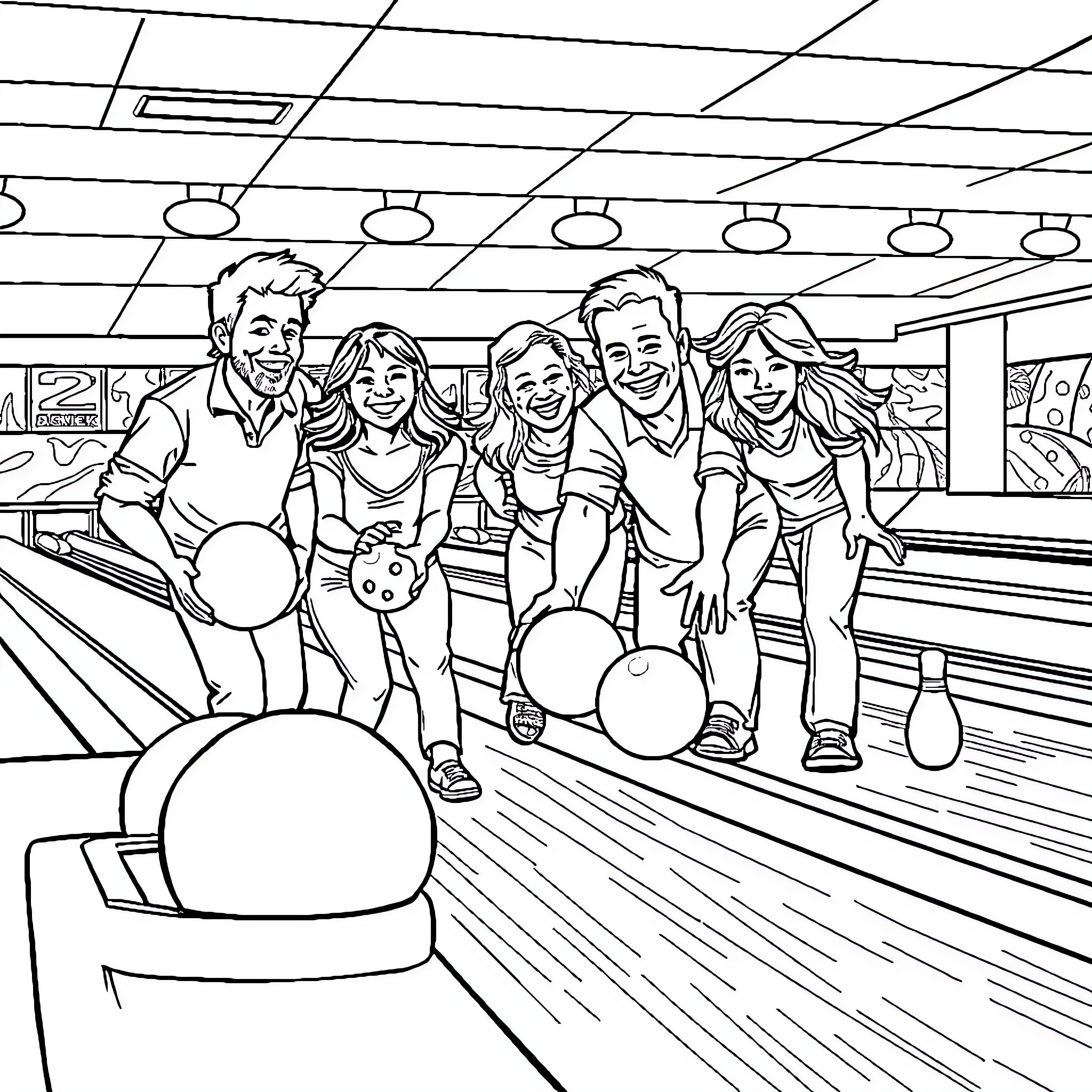 Family enjoying a fun bowling day together Coloring Page (free black-and-white line drawing printable PDF for all, from beginners to advanced learners, including children, teens, adults, and seniors)