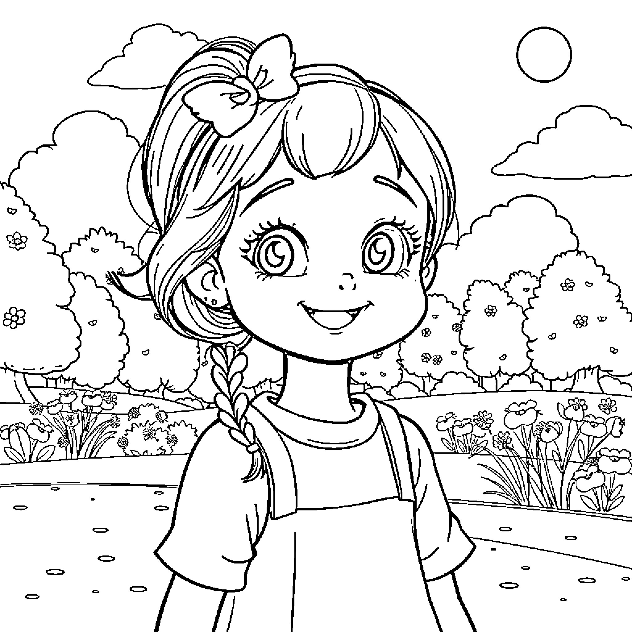 Lele's Joyful Outing in Nature Coloring Page (free black-and-white line drawing printable PDF for all, from beginners to advanced learners, including children, teens, adults, and seniors)