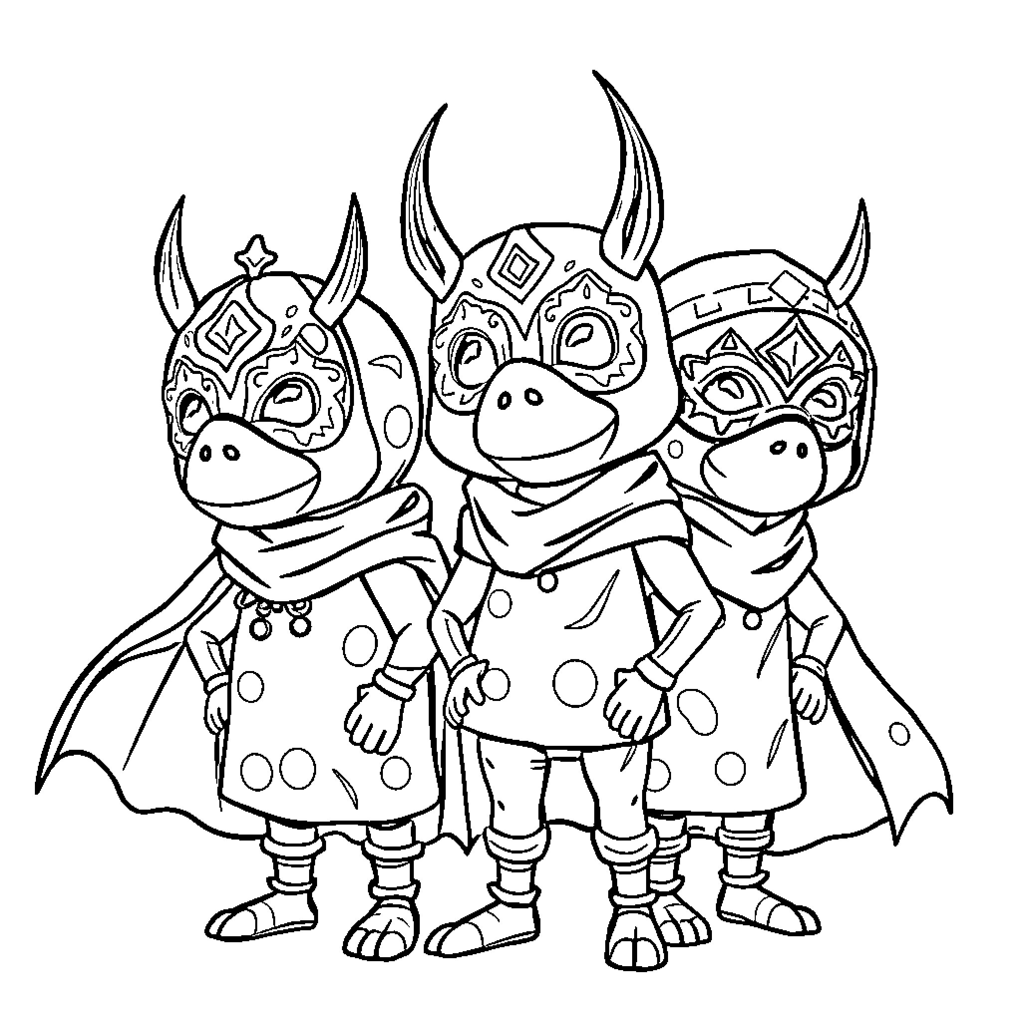 Pijamasques characters in costume and pose Coloring Page (free black-and-white line drawing printable PDF for all, from beginners to advanced learners, including children, teens, adults, and seniors)