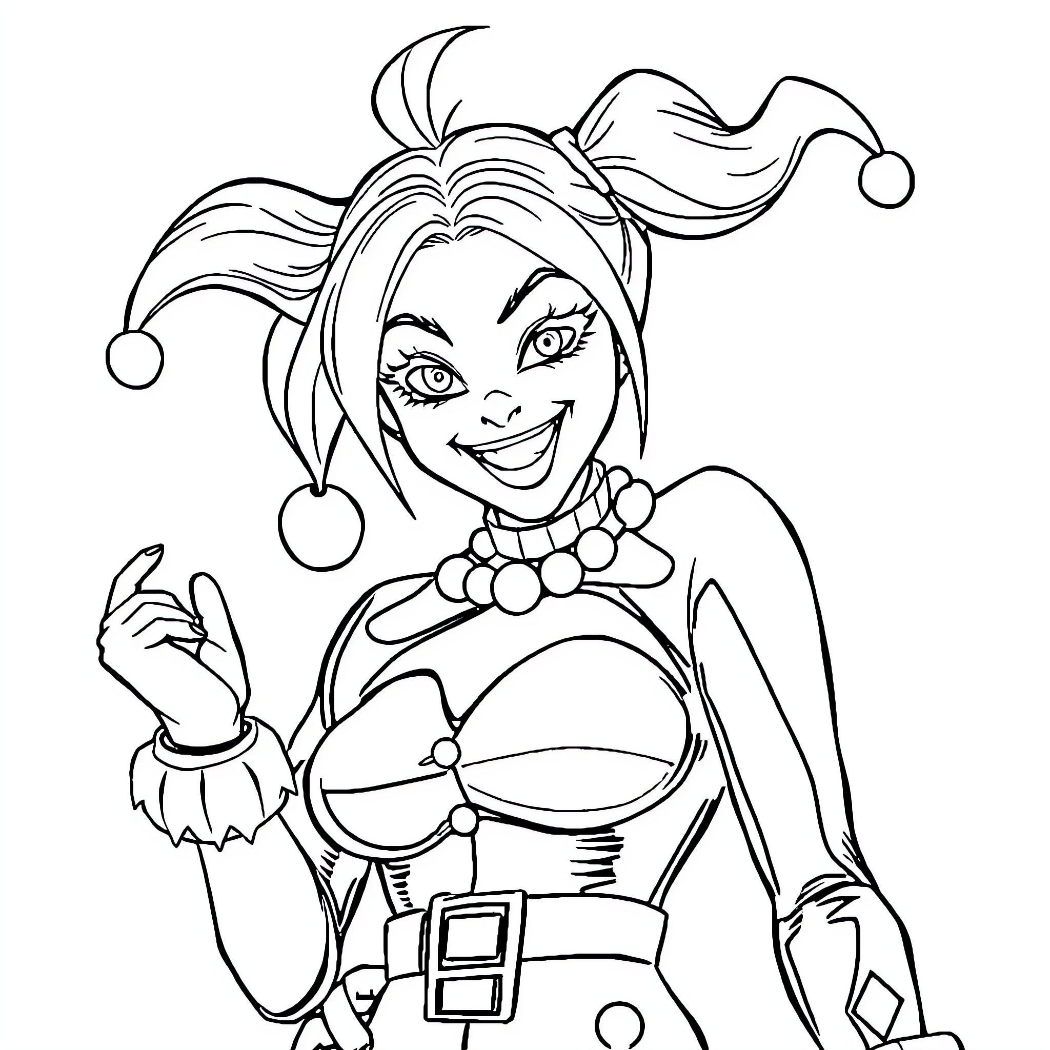 Harley Quinn's Mischievous Antics Coloring Page (free black-and-white line drawing printable PDF for all, from beginners to advanced learners, including children, teens, adults, and seniors)