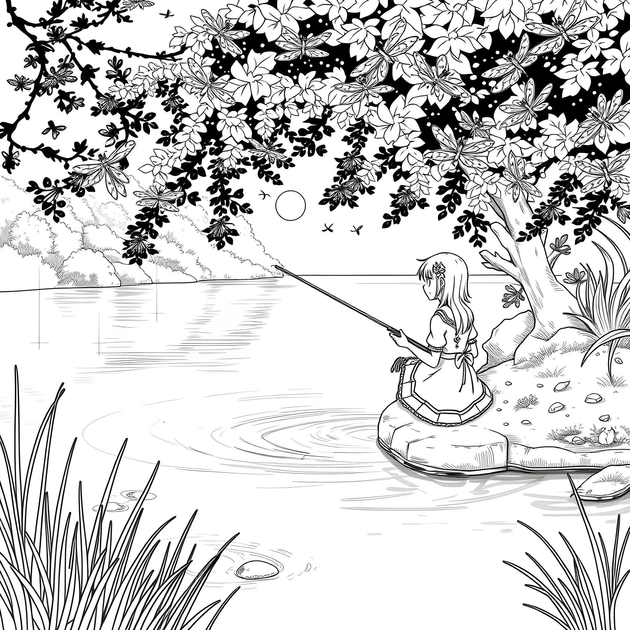 Kuromi fishing in a serene nature scene Coloring Page (free black-and-white line drawing printable PDF for all, from beginners to advanced learners, including children, teens, adults, and seniors)
