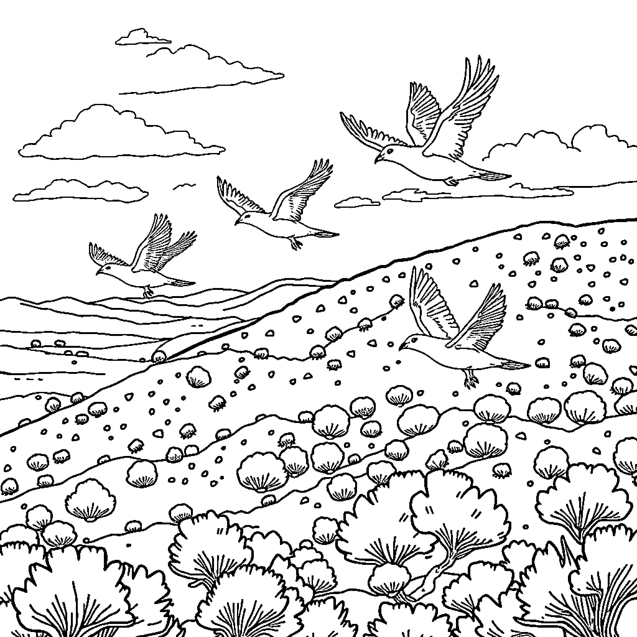 Dillo Armadillos Soaring Through Scenic Landscape Coloring Page (free black-and-white line drawing printable PDF for all, from beginners to advanced learners, including children, teens, adults, and seniors)