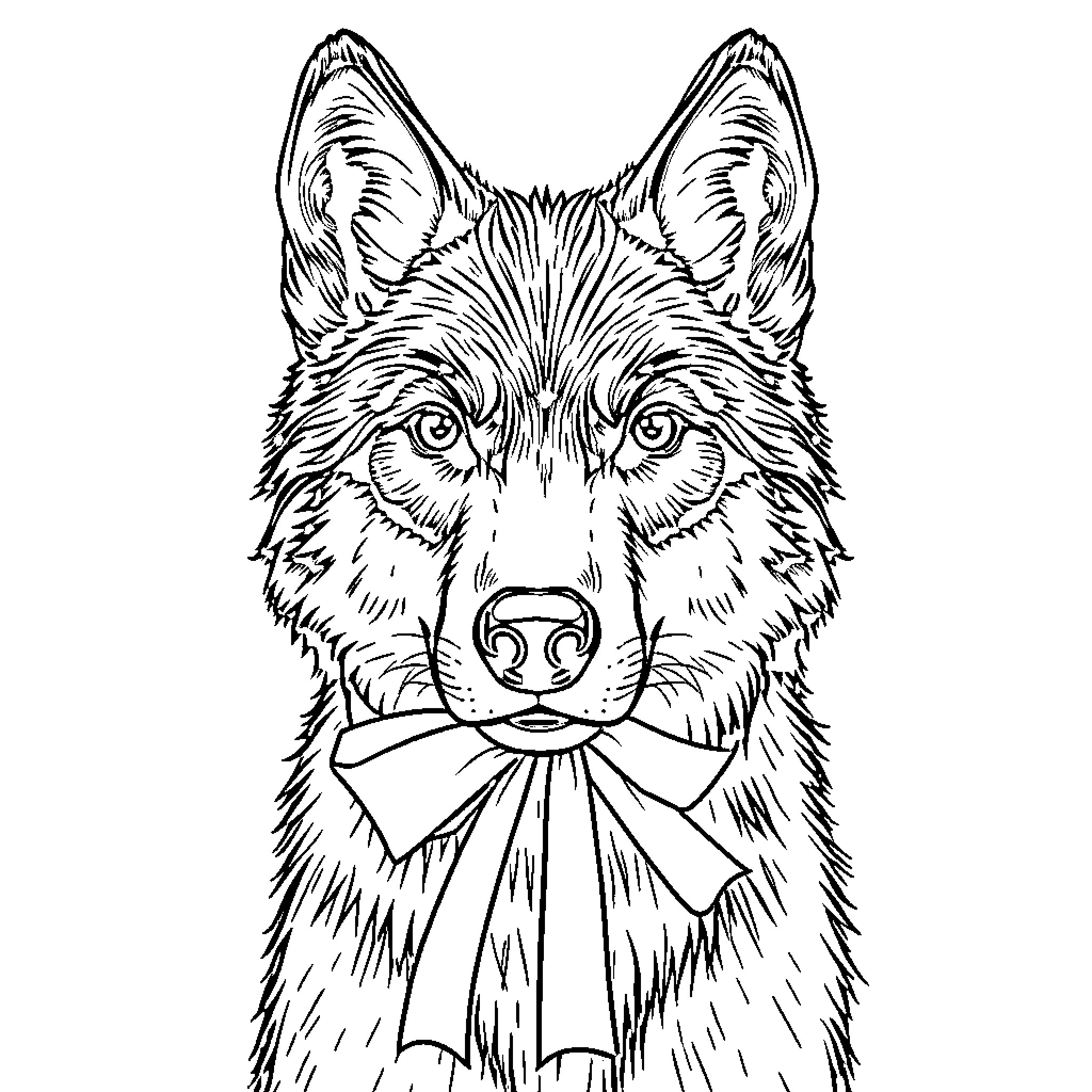 Wolf wearing a stylish scarf Coloring Page (free black-and-white line drawing printable PDF for all, from beginners to advanced learners, including children, teens, adults, and seniors)
